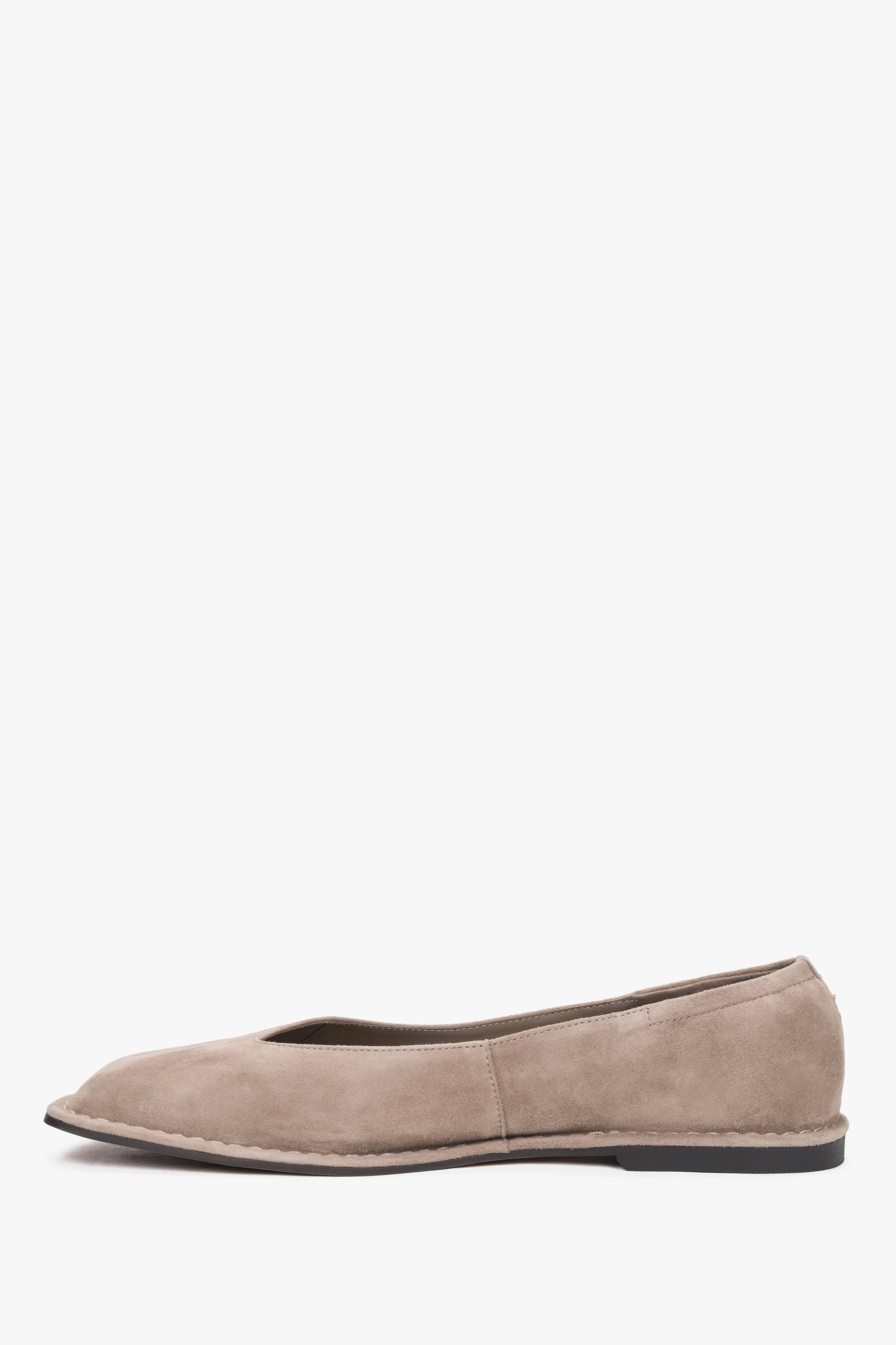 Beżowe baleriny damskie typu barefoot z weluru naturalnego z kwadratowym noskiem Estro ER00119311 - Image 2