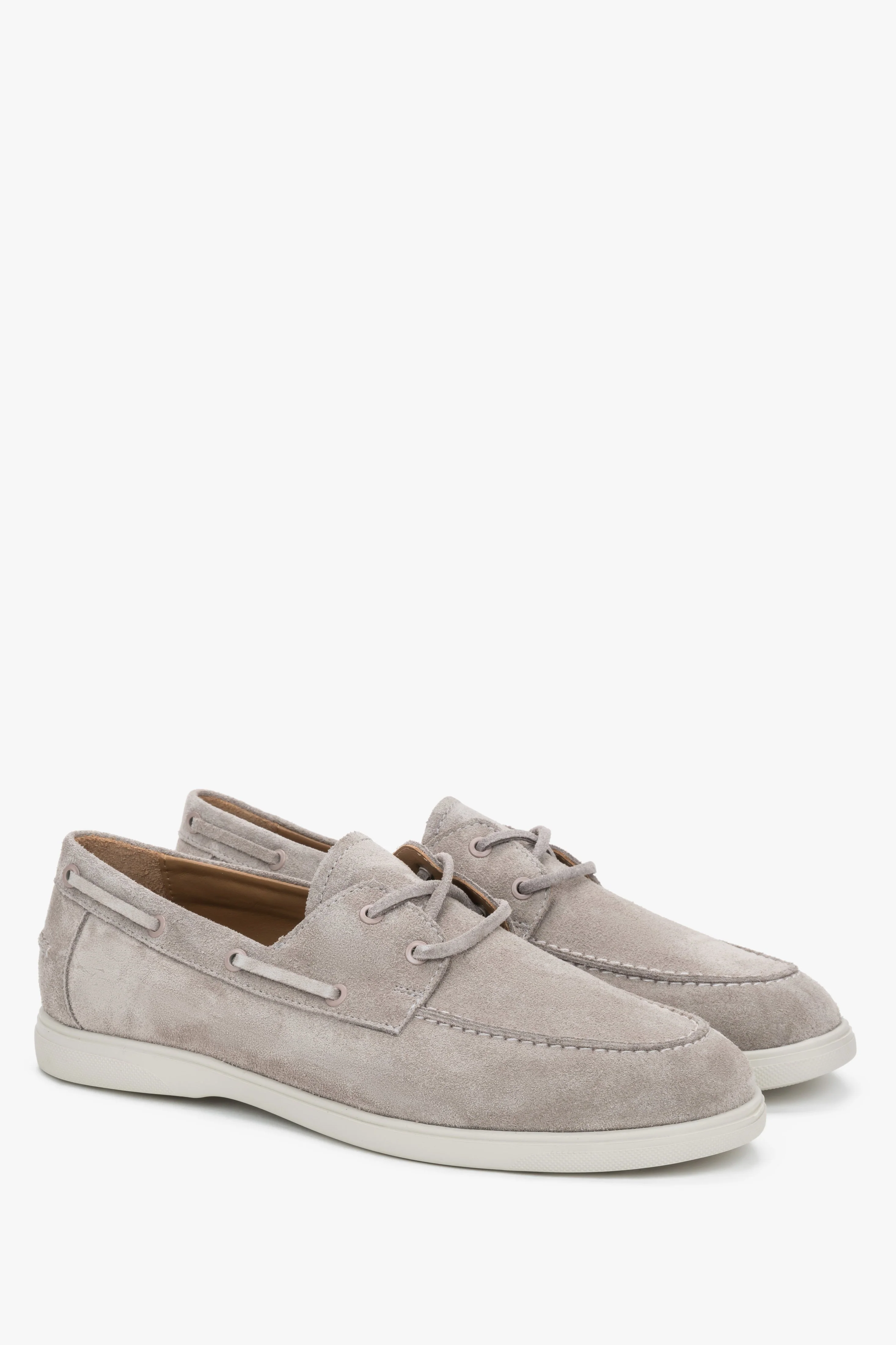 Beżowe loafersy męskie w stylu żeglarskim z włoskiego weluru naturalnego Premium Estro ER00119615 - Image 2