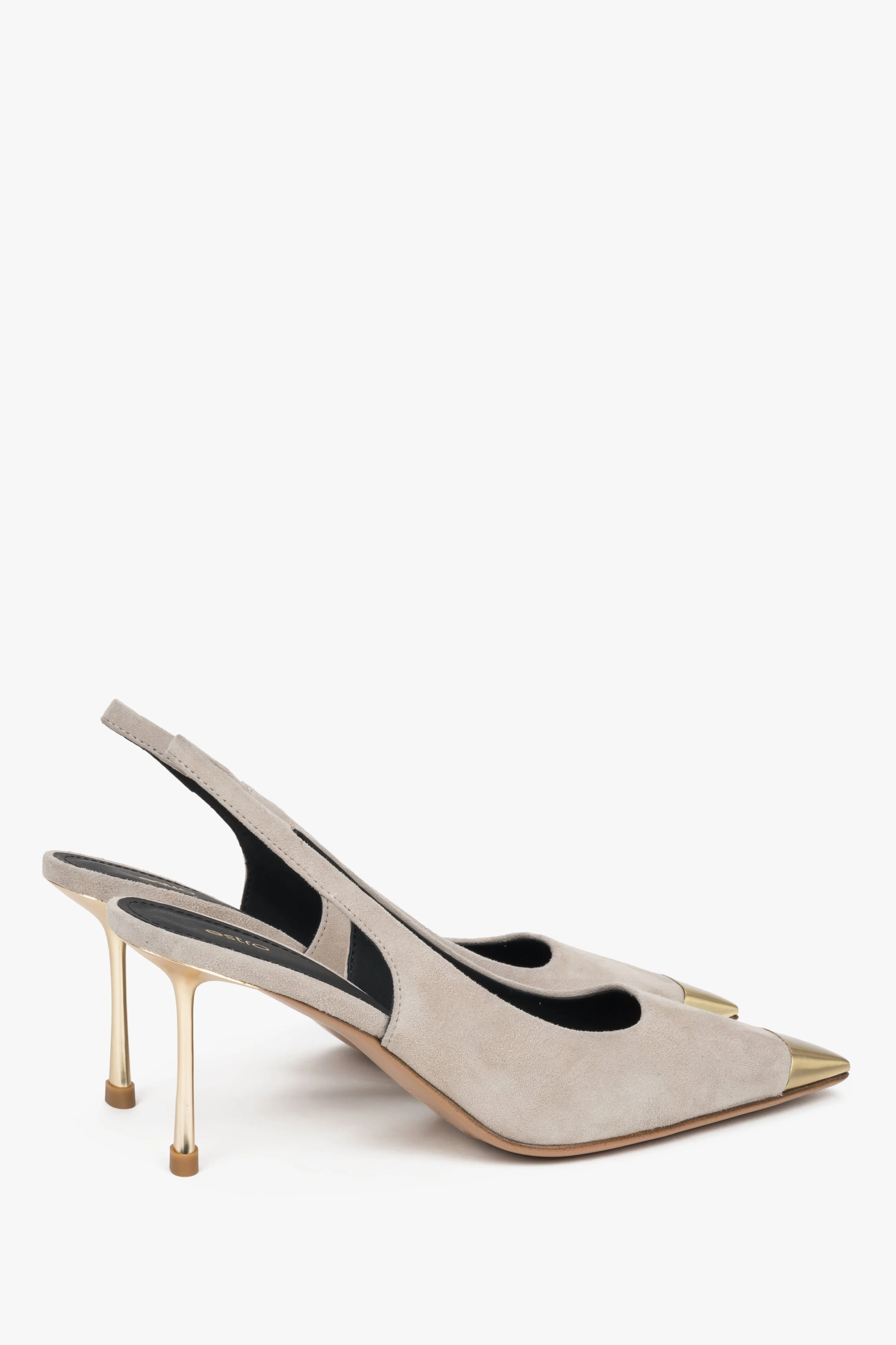 Beżowe welurowe czółenka damskie typu slingback na szpilce ze złotymi detalami Estro ER00119462 - Image 5