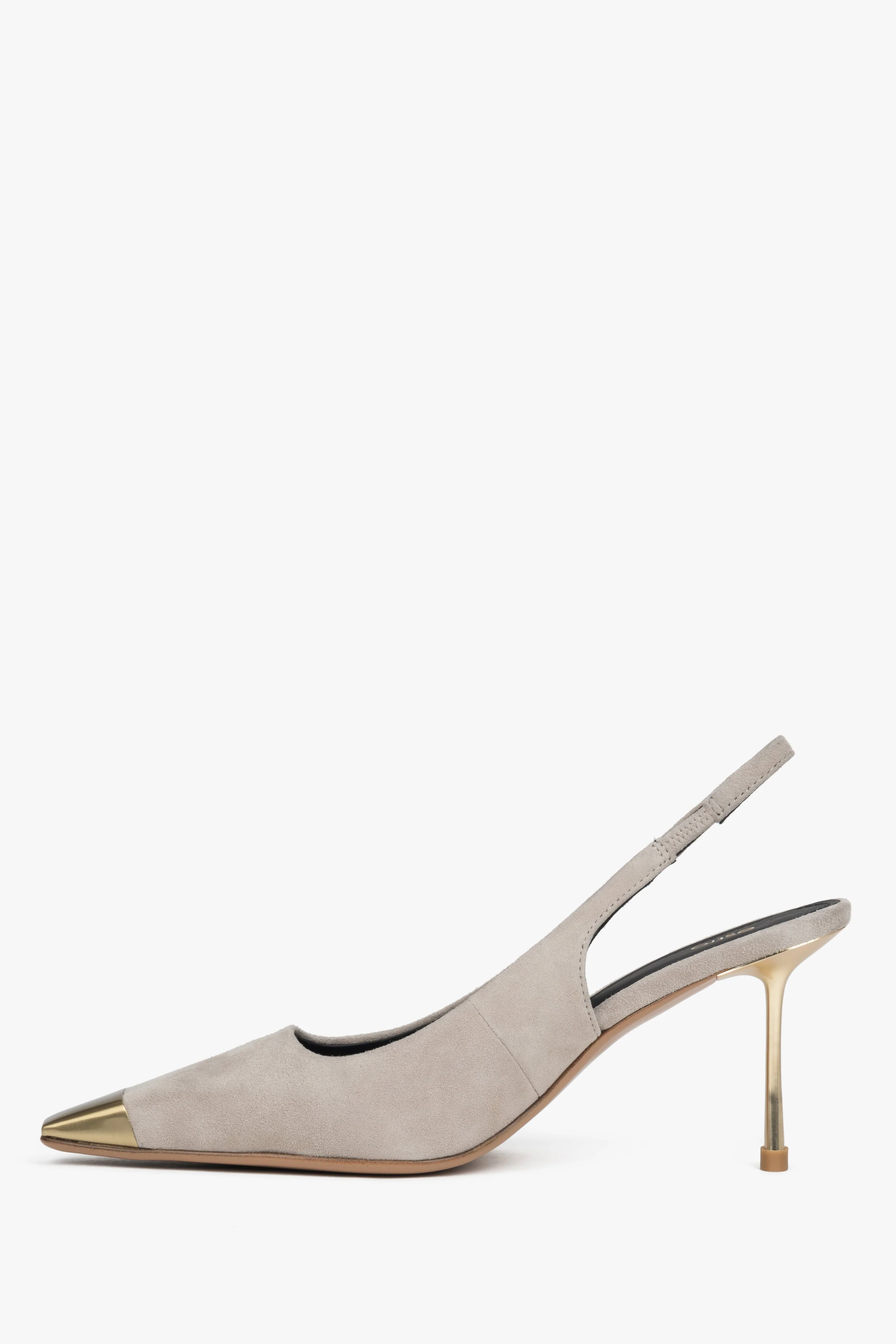 Beżowe welurowe czółenka damskie typu slingback na szpilce ze złotymi detalami Estro ER00119462 - Image 6