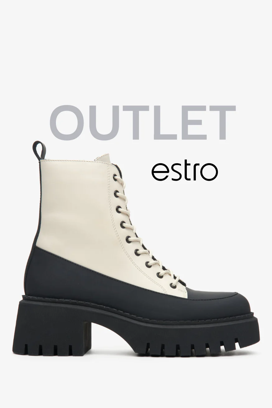 Beżowo-czarne botki damskie ze skóry naturalnej na stabilnym obcasie Estro OUTLET