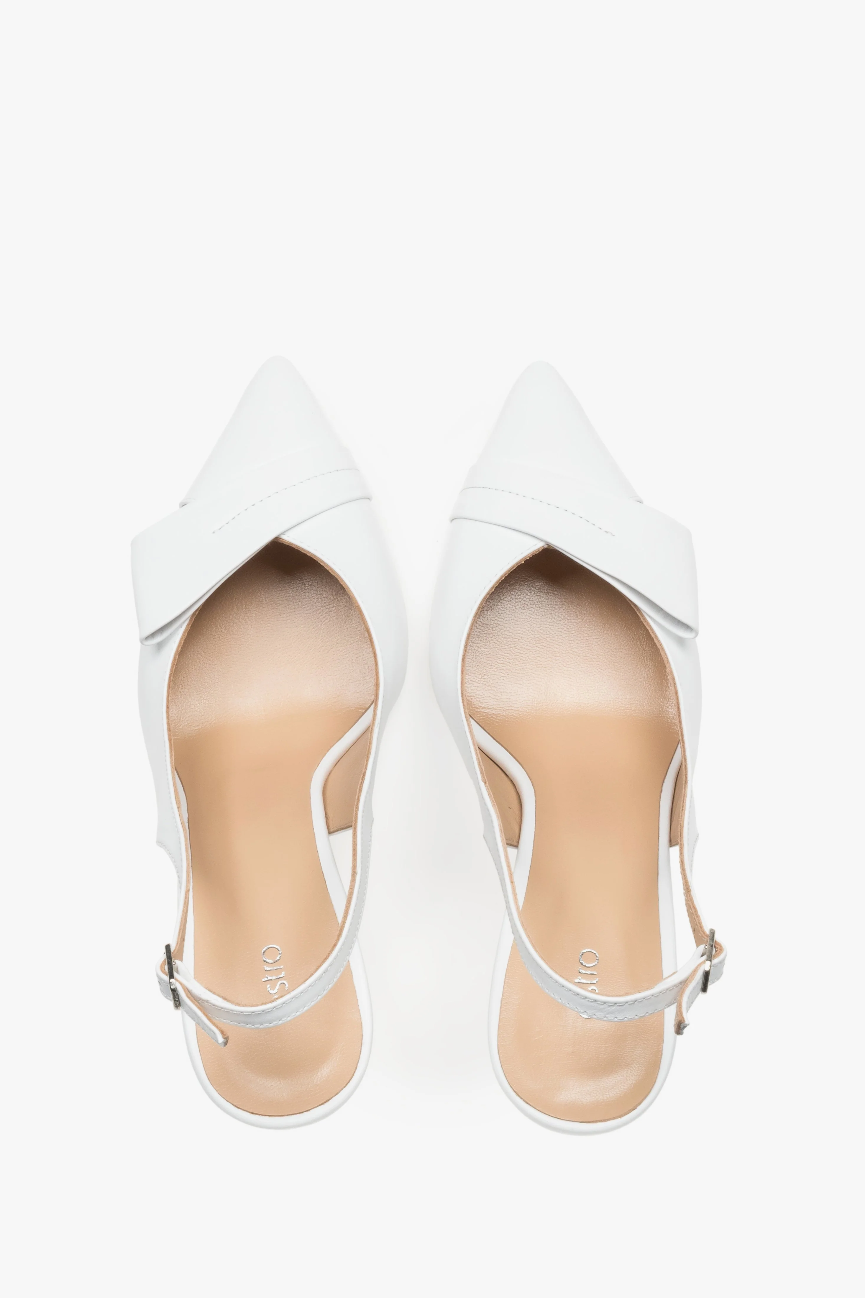 Białe skórzane czółenka damskie typu slingback na szpilce z czubkiem w szpic Estro ER00119580 - Image 4