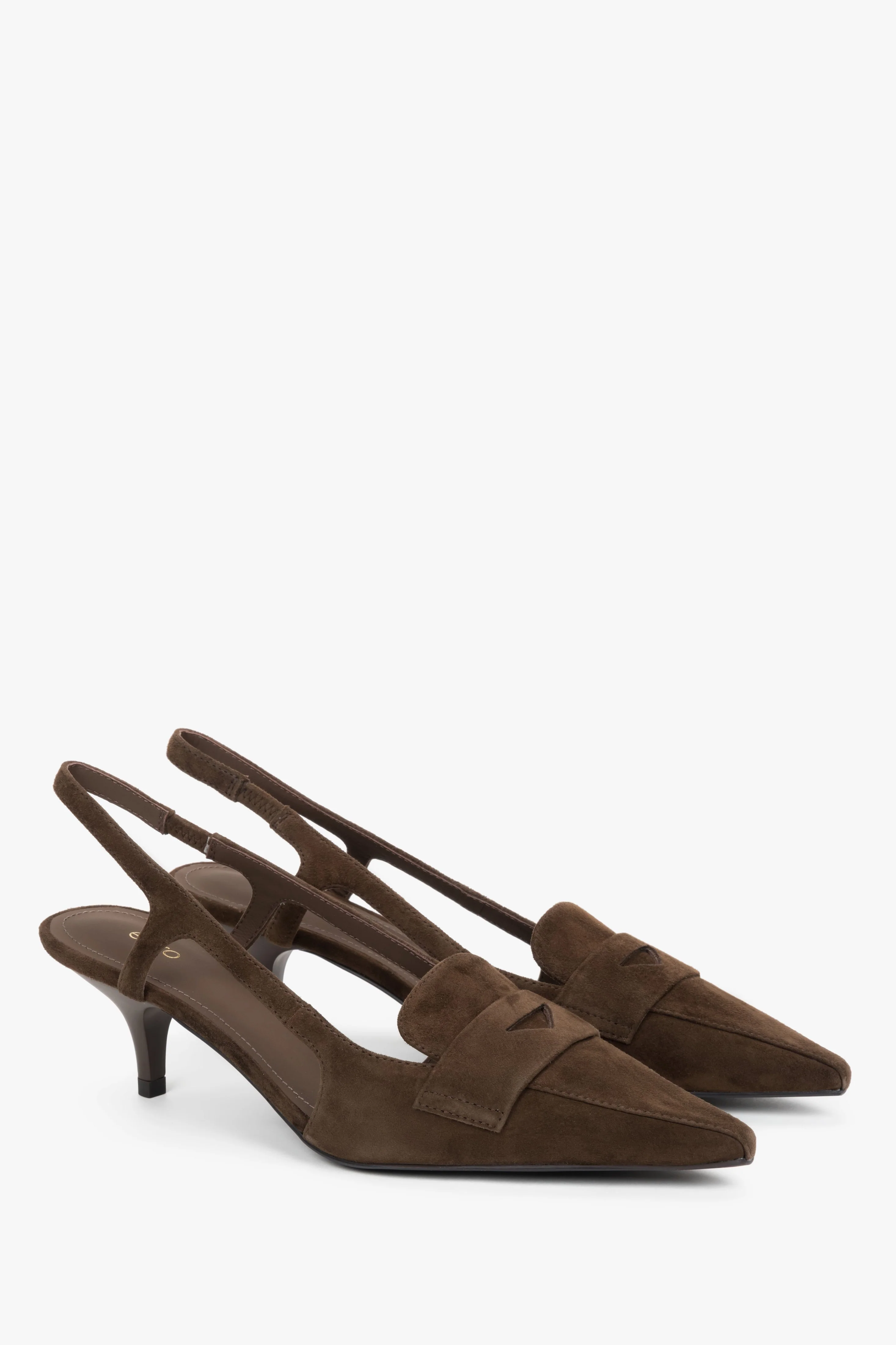 Ciemnobrązowe czółenka - slingbacki z weluru naturalnego na obcasie typu kitten heel Estro ER00119496 - Image 3