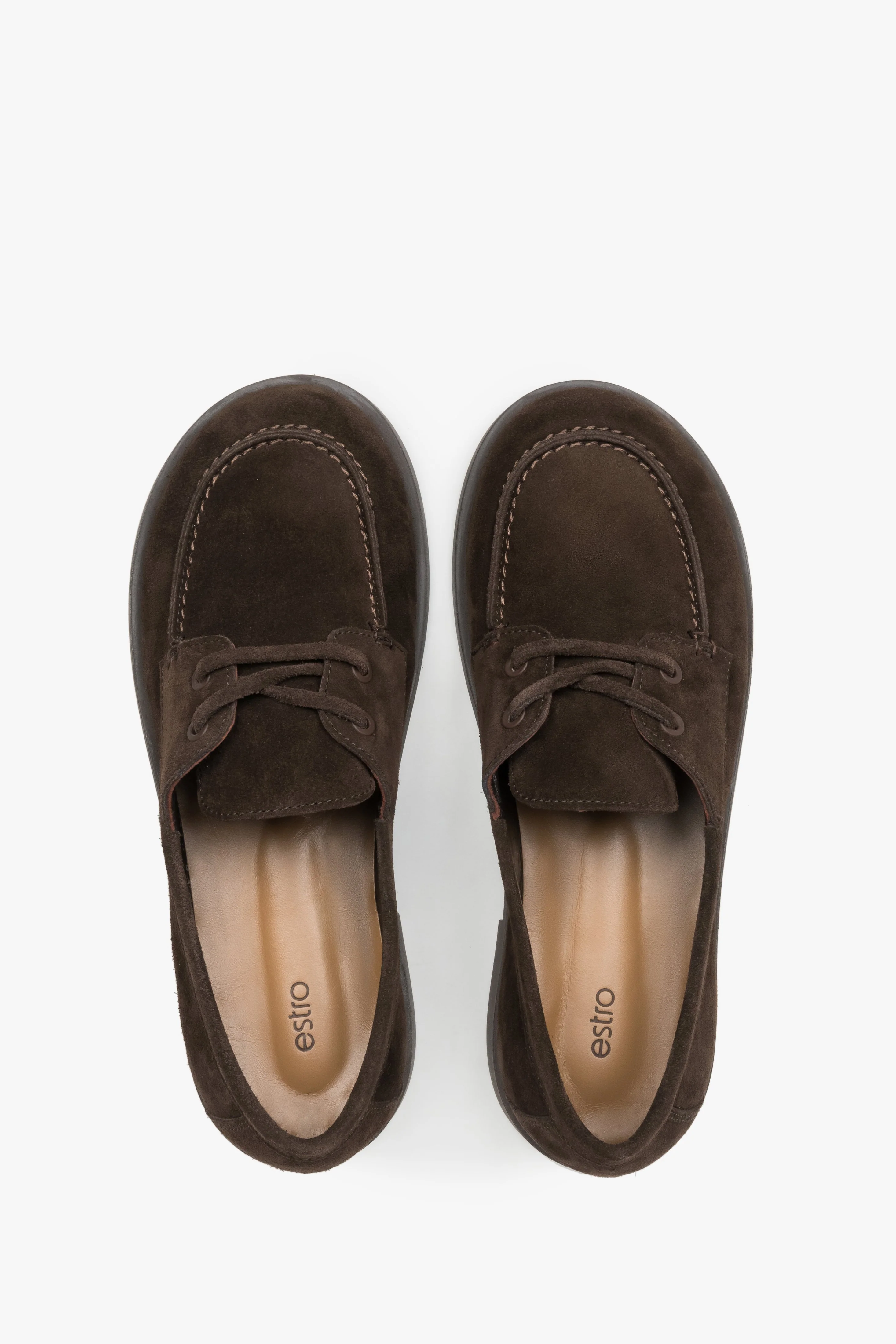 Ciemnobrązowe loafersy damskie w stylu żeglarskim z włoskiego weluru naturalnego Premium Estro ER00120204 - Image 4