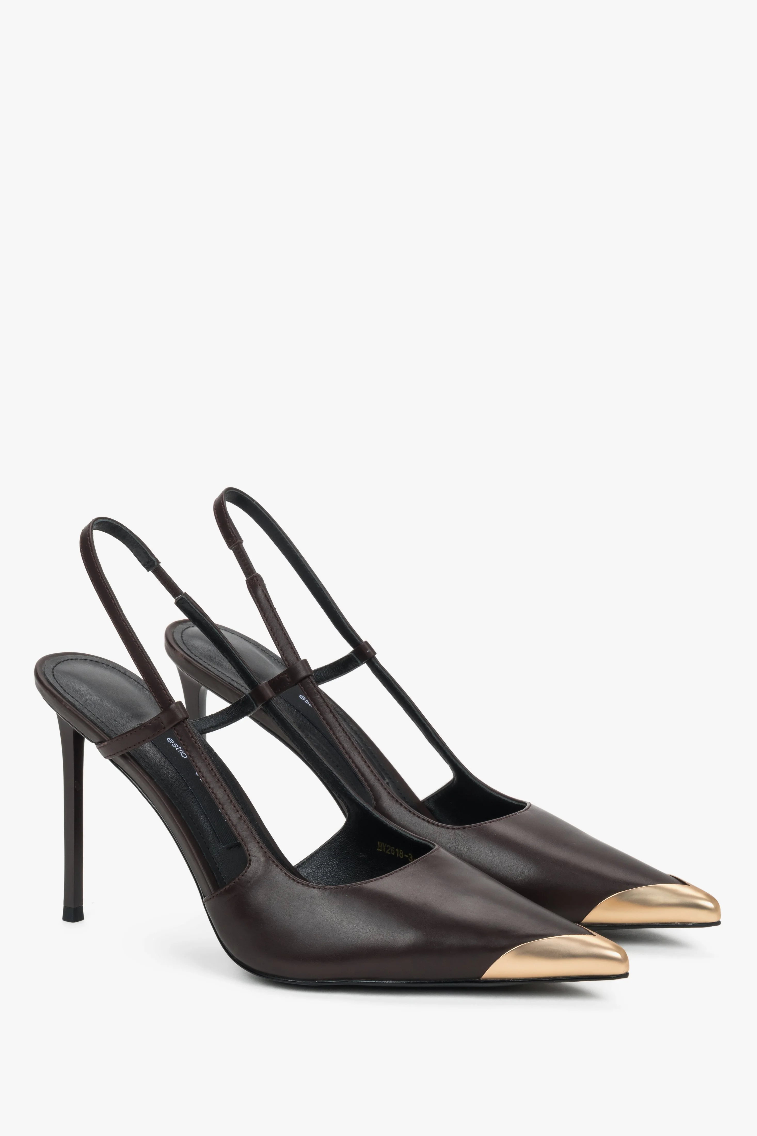 Ciemnobrązowe skórzane czółenka typu slingback w szpic ze złotym noskiem Estro Selection ER00119237 - Image 3