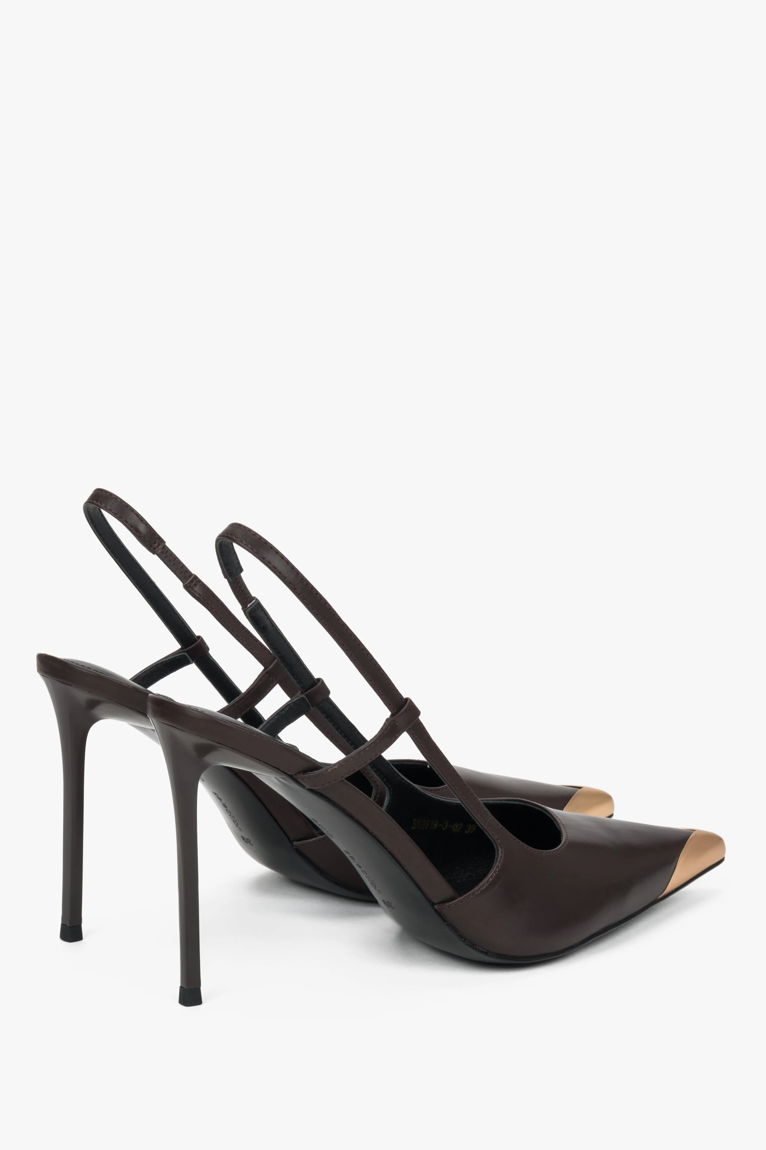 Ciemnobrązowe skórzane czółenka typu slingback w szpic ze złotym noskiem Estro Selection ER00119237 - Image 5