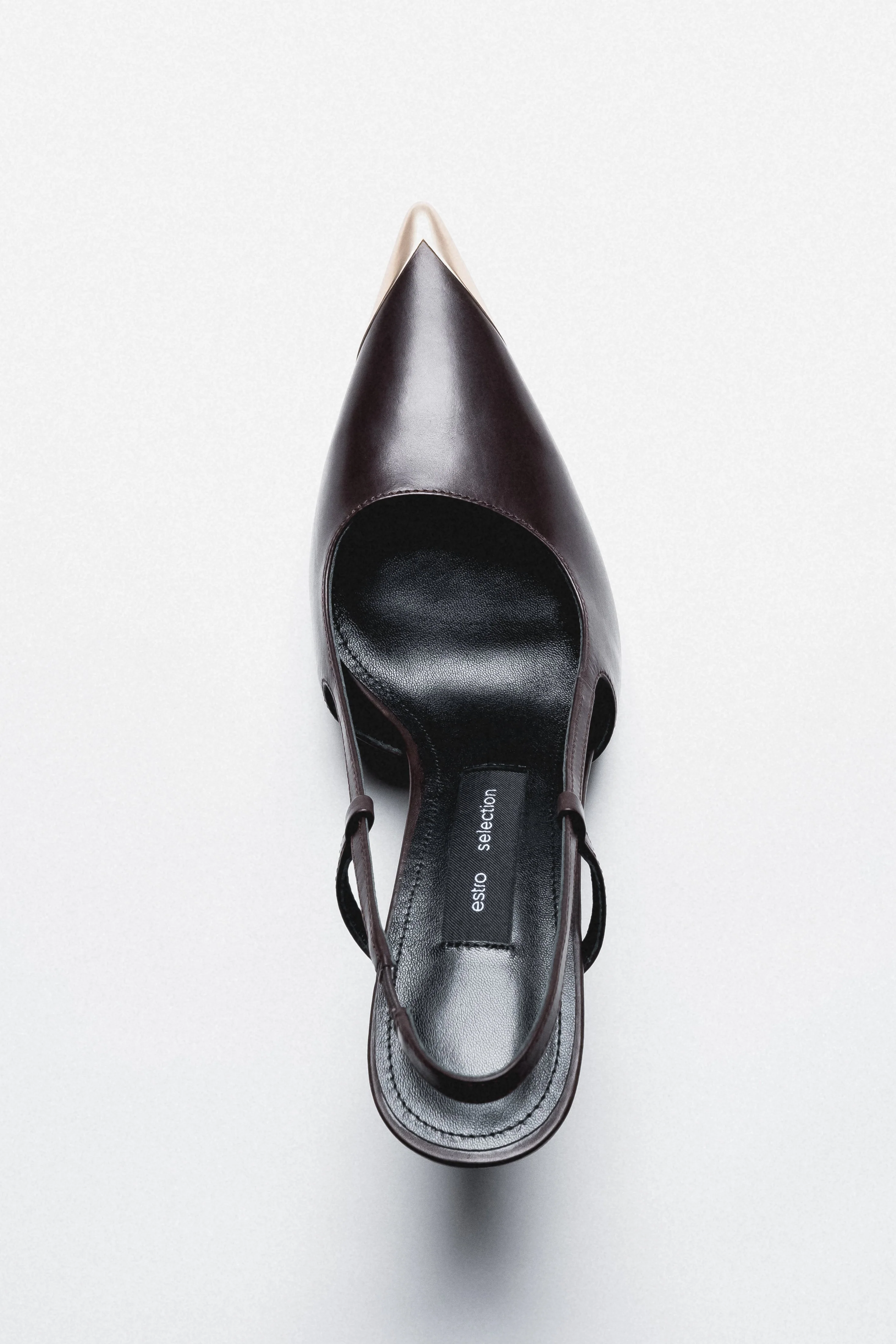 Ciemnobrązowe skórzane czółenka typu slingback w szpic ze złotym noskiem Estro Selection ER00119237 - Image 6