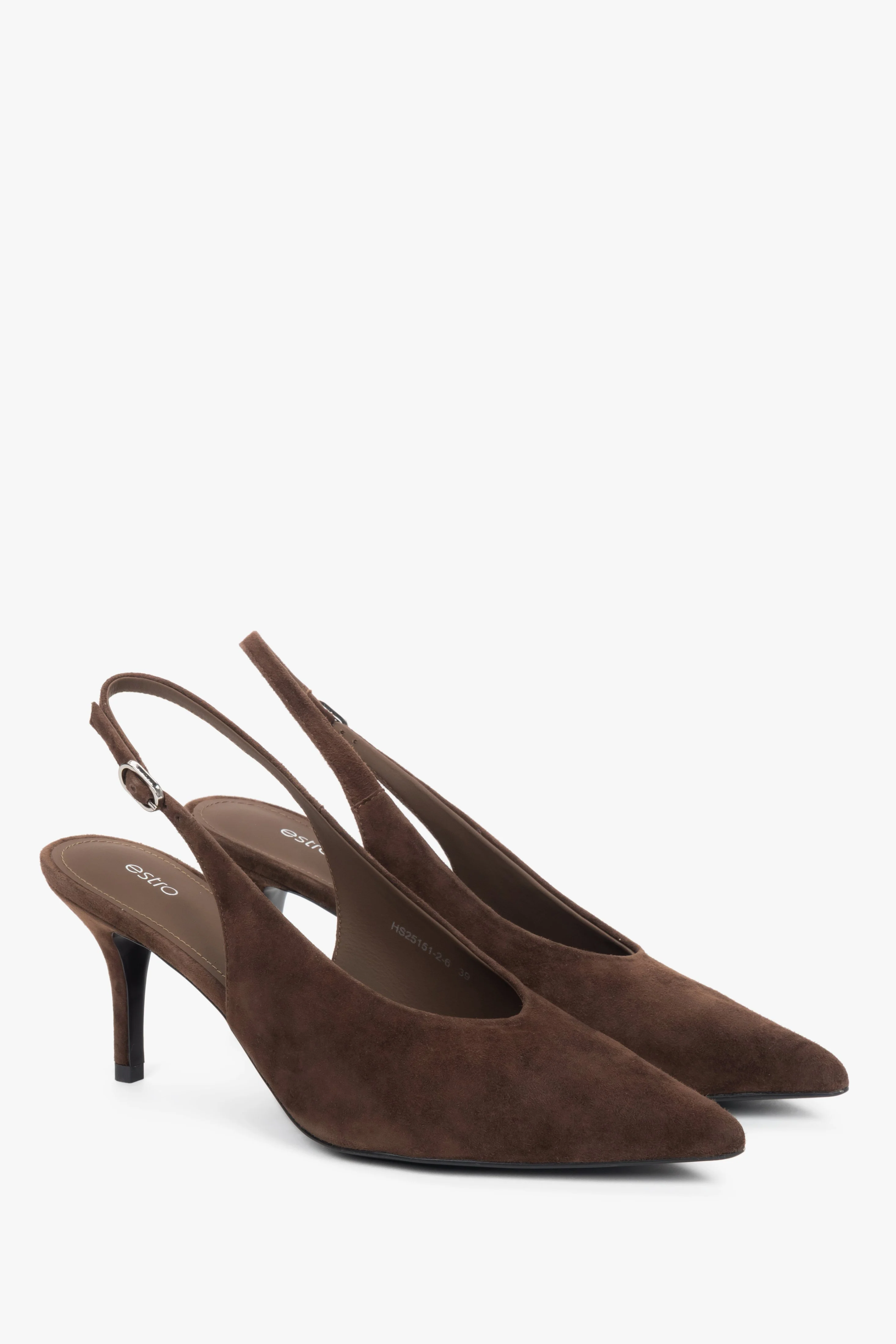 Ciemnobrązowe welurowe czółenka damskie typu slingback na obcasie Estro ER00119044 - Image 2