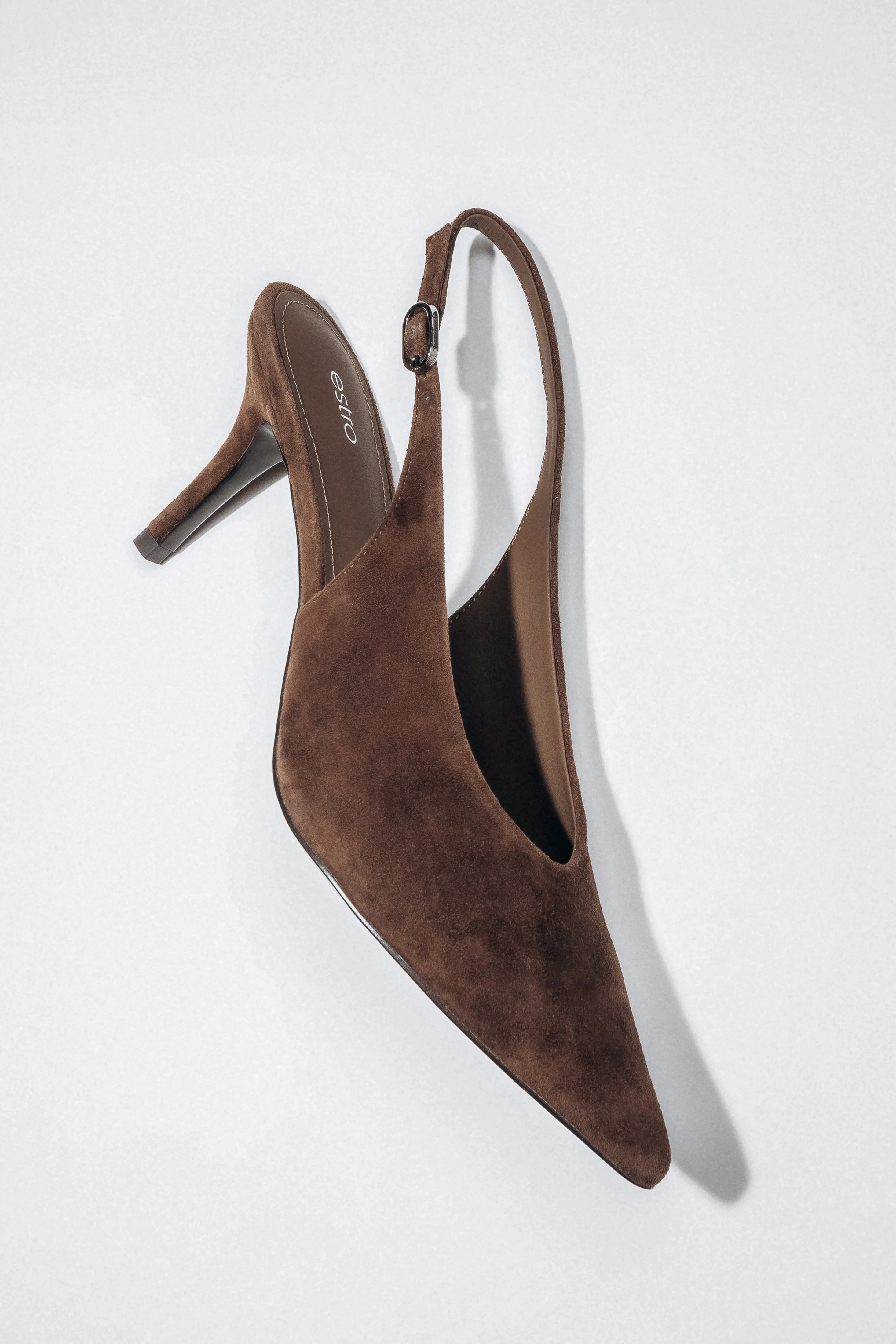 Ciemnobrązowe welurowe czółenka damskie typu slingback na obcasie Estro ER00119044 - Image 6