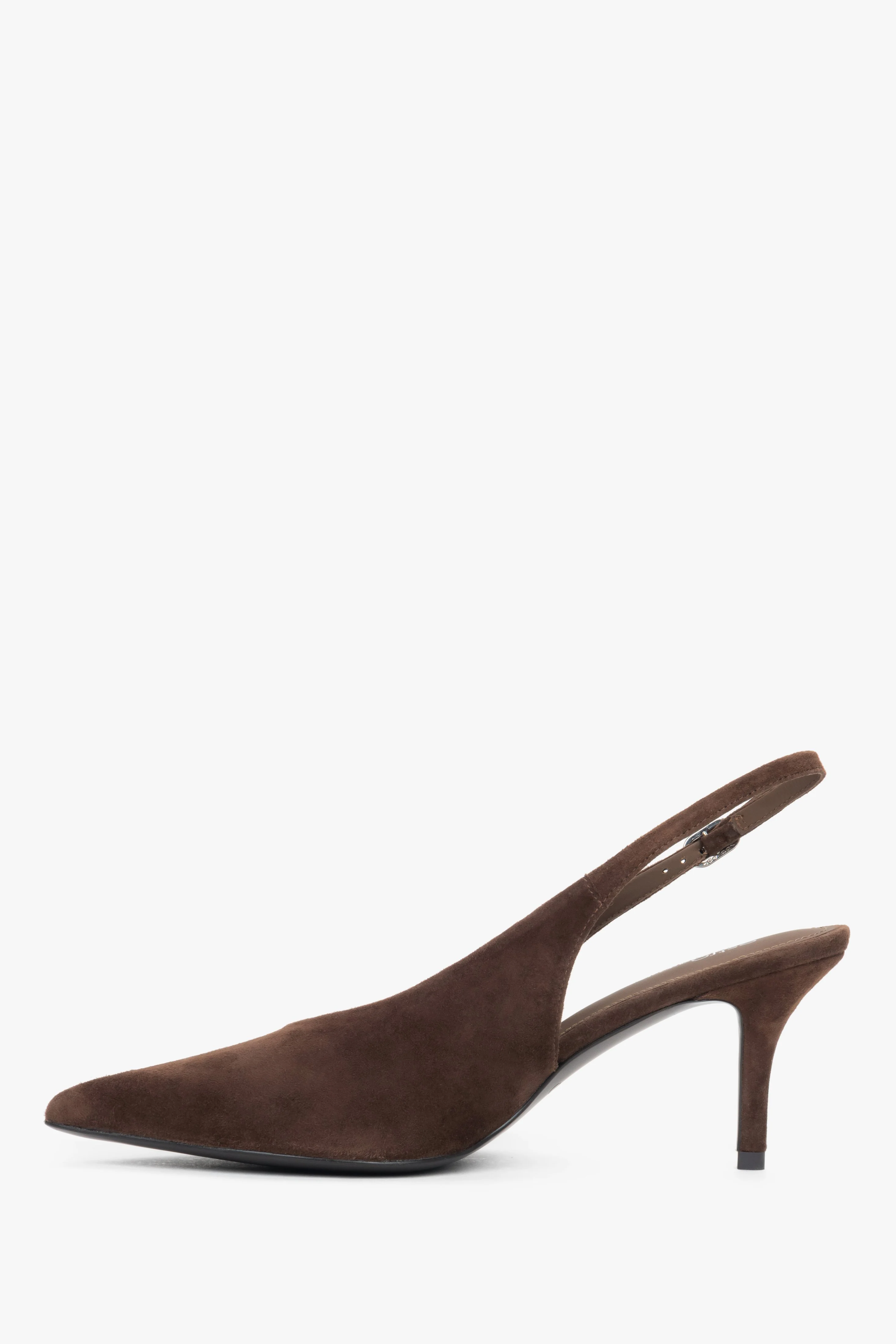 Ciemnobrązowe welurowe czółenka damskie typu slingback na obcasie Estro ER00119044 - Image 8