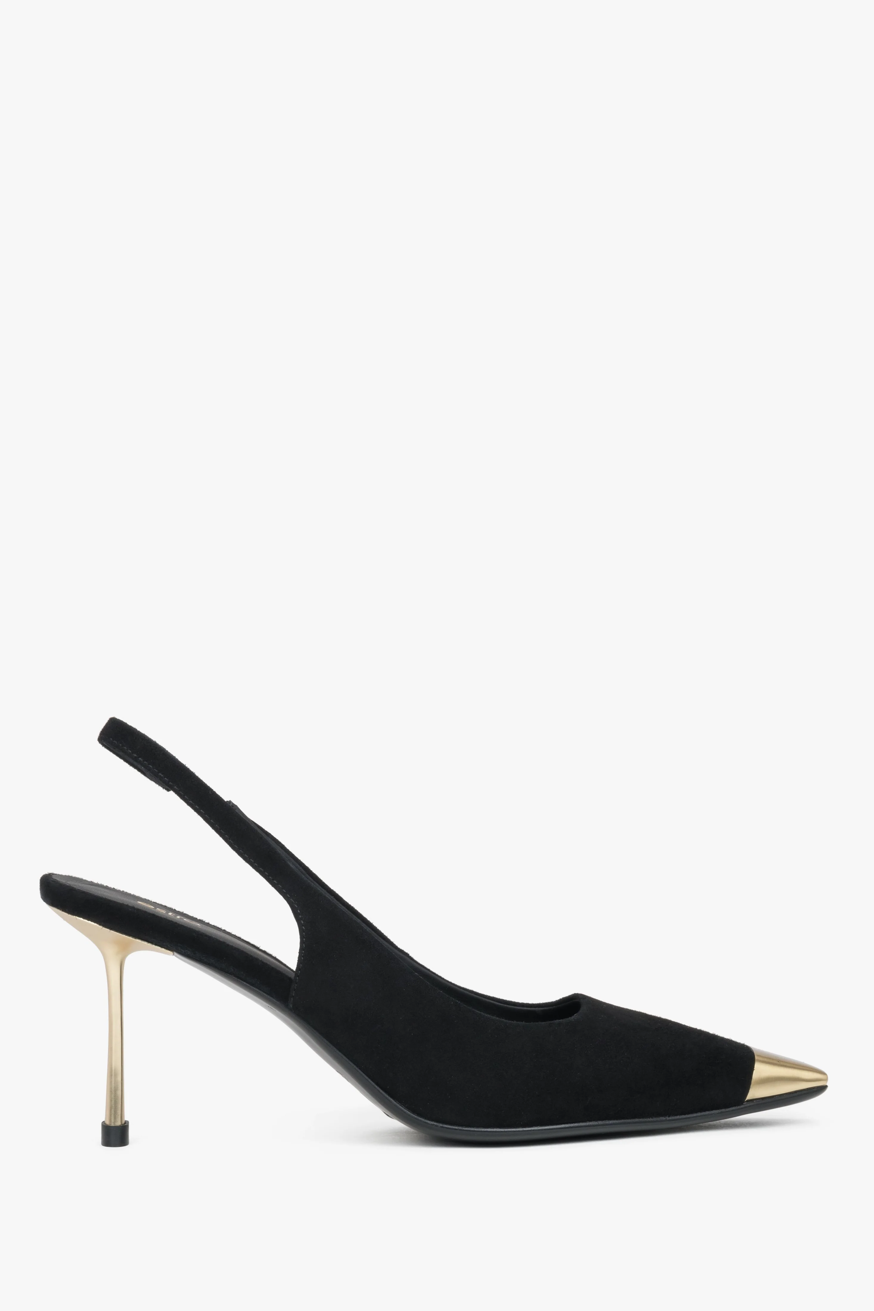 Czarne welurowe czółenka damskie typu slingback na szpilce ze złotymi detalami Estro ER00119463 - Image 2