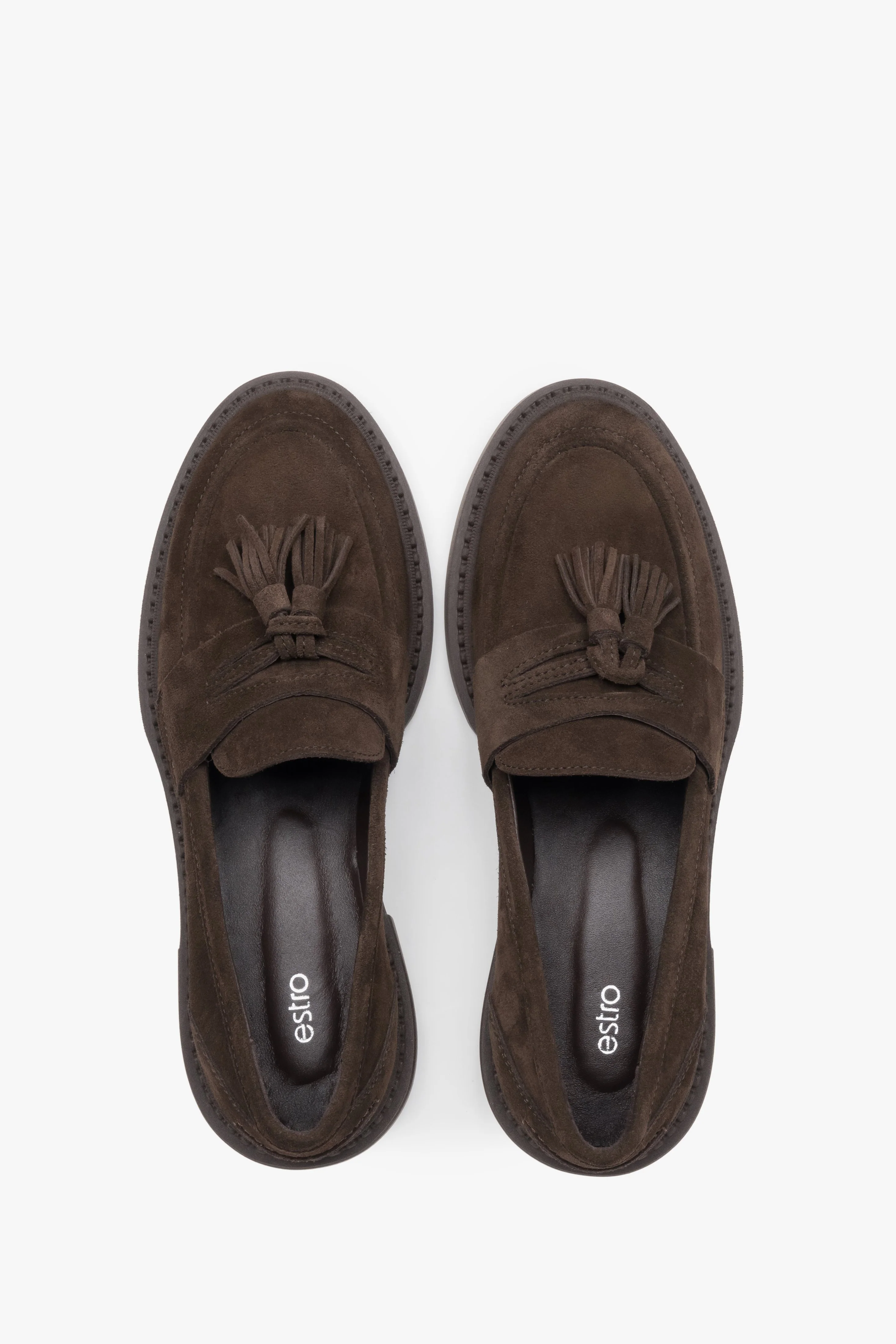 Czekoladowe loafersy damskie z chwostem z włoskiego weluru naturalnego Premium Estro ER00119923 - Image 4