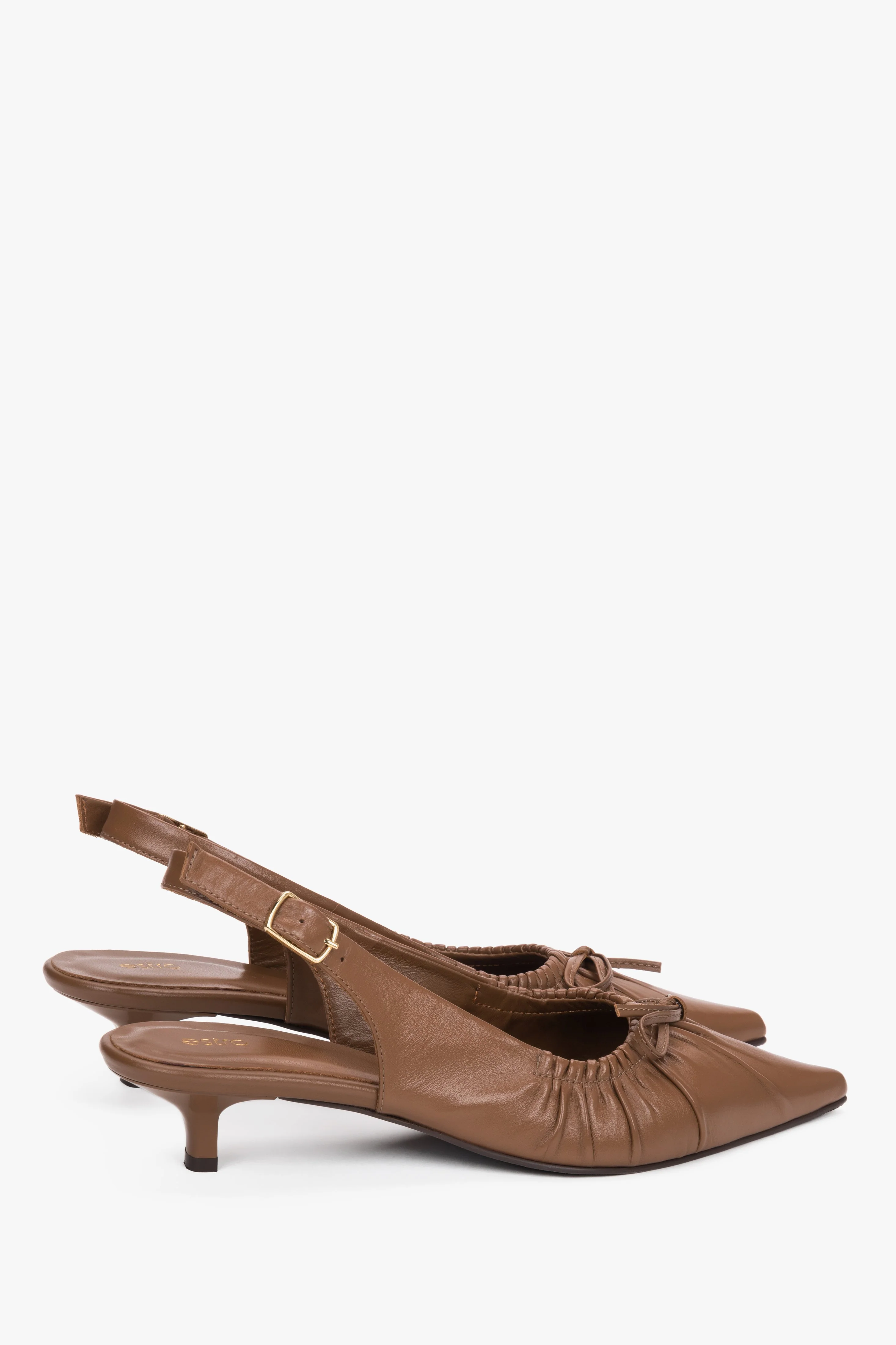 Brązowe skórzane czółenka damskie z odkrytą piętą na obcasie typu kitten heel Estro ER00119819 - Image 5