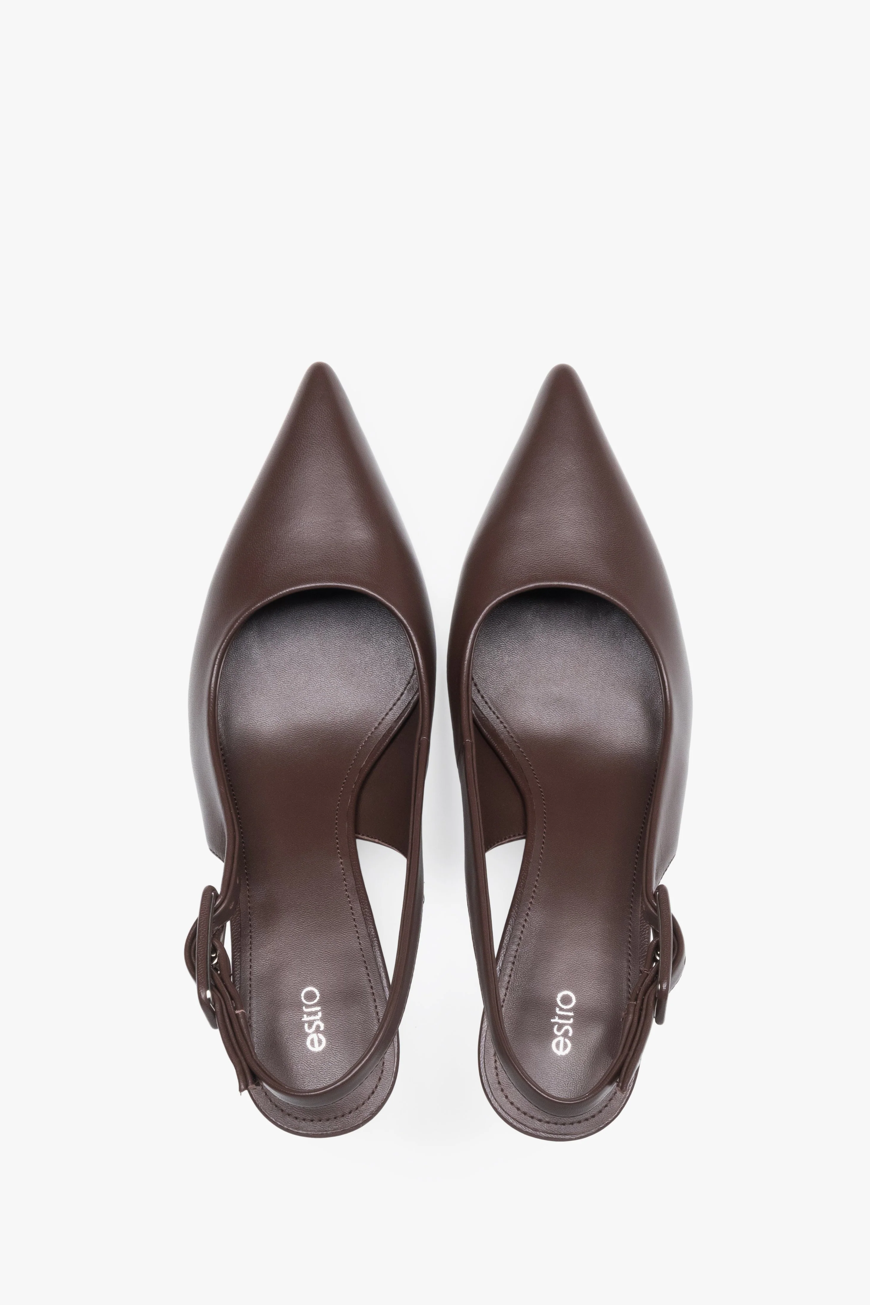Ciemnobrązowe czółenka damskie typu slingback ze skóry naturalnej na stabilnej szpilce Estro ER00119690 - Image 4