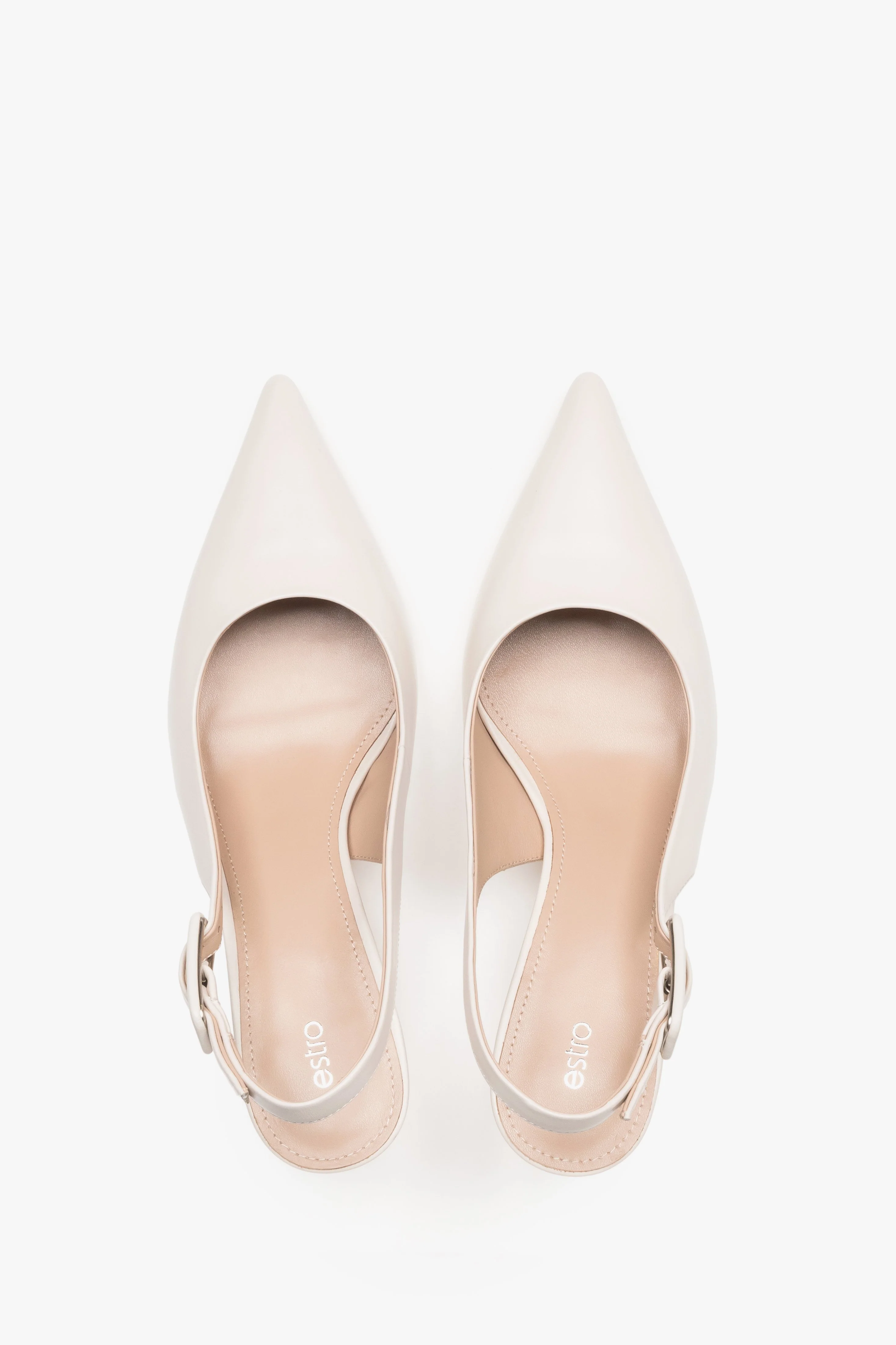 Mlecznobeżowe czółenka damskie typu slingback ze skóry naturalnej na stabilnej szpilce Estro ER00119282 - Image 4