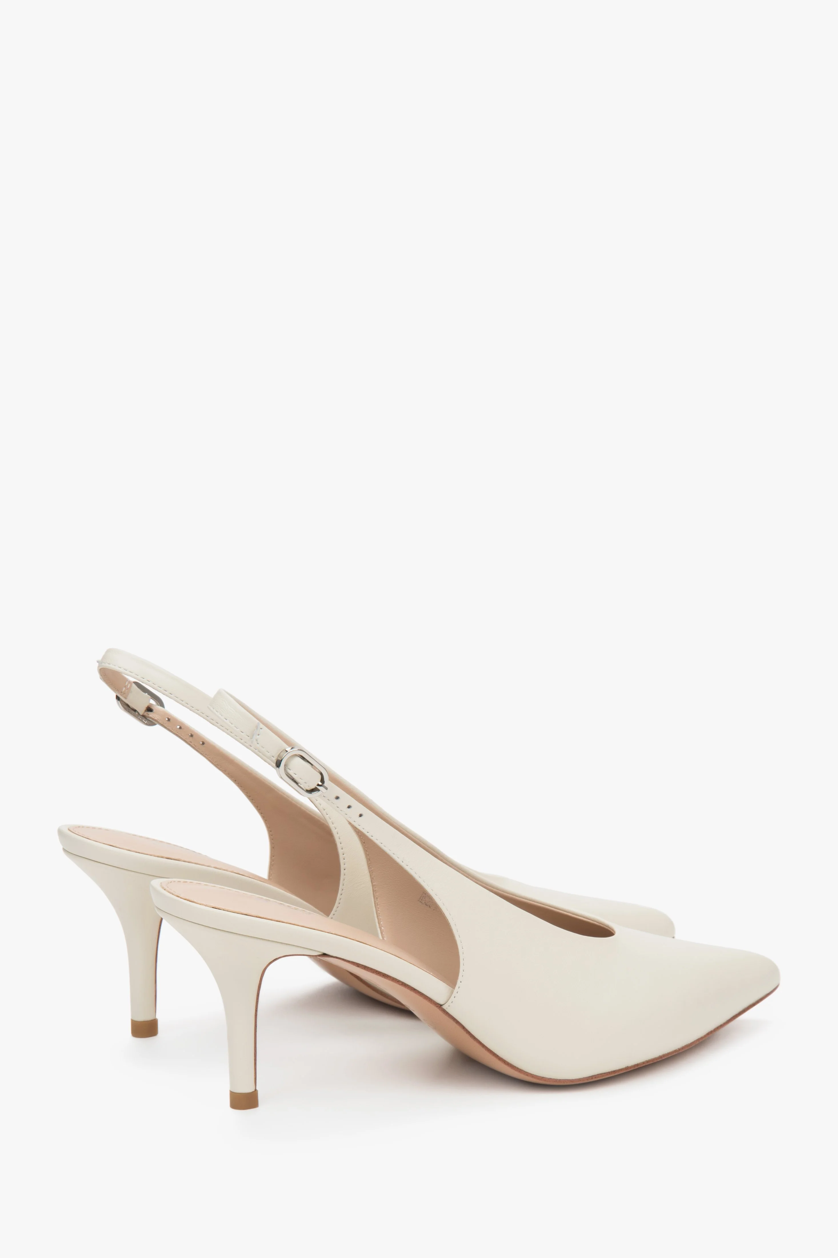 Jasnobeżowe skórzane czółenka damskie typu slingback na obcasie Estro ER00117232 - Image 5