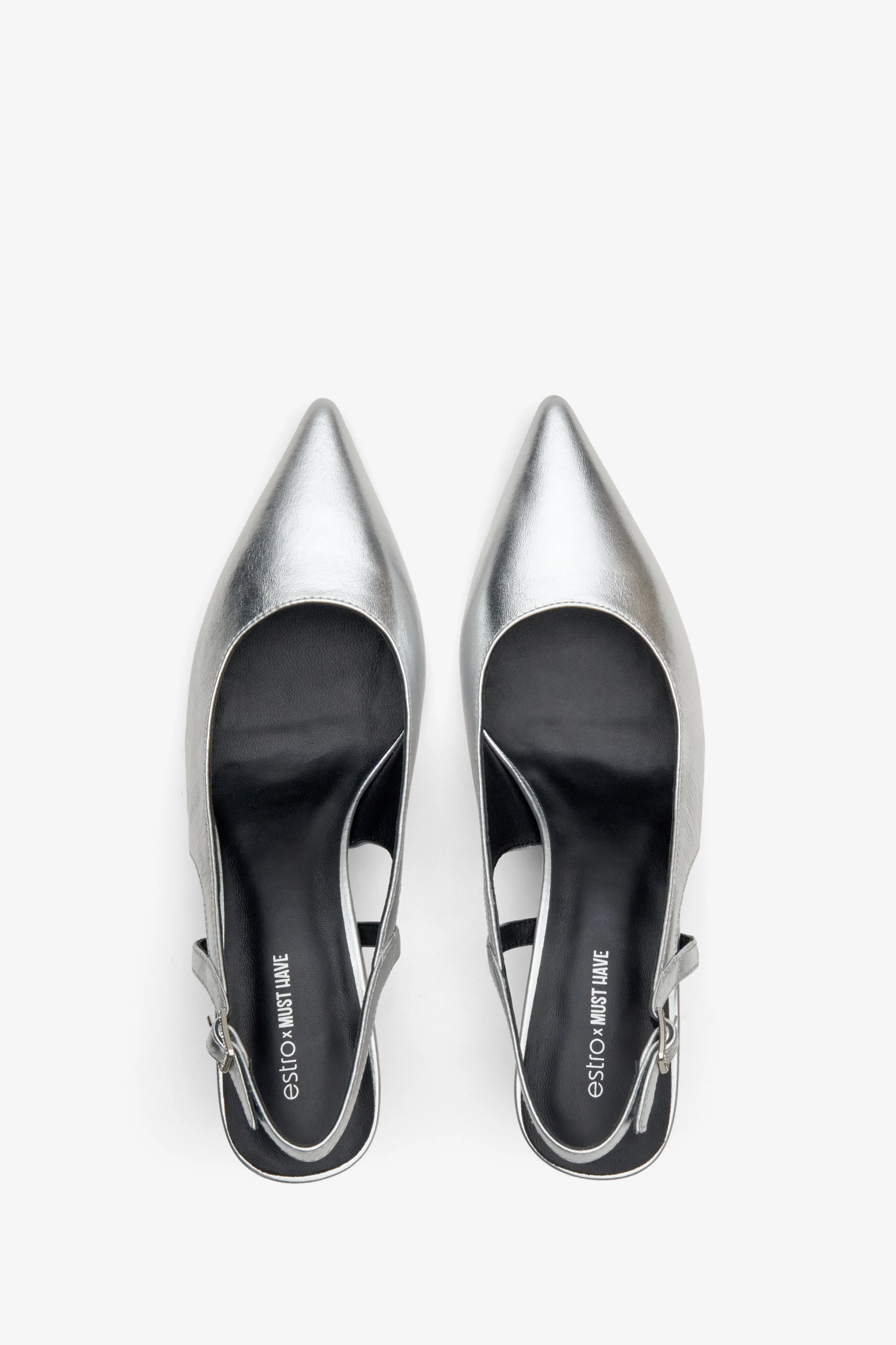 Srebrne czółenka damskie typu slingback ze skóry naturalnej Estro X MustHave ER00114246 - Image 8