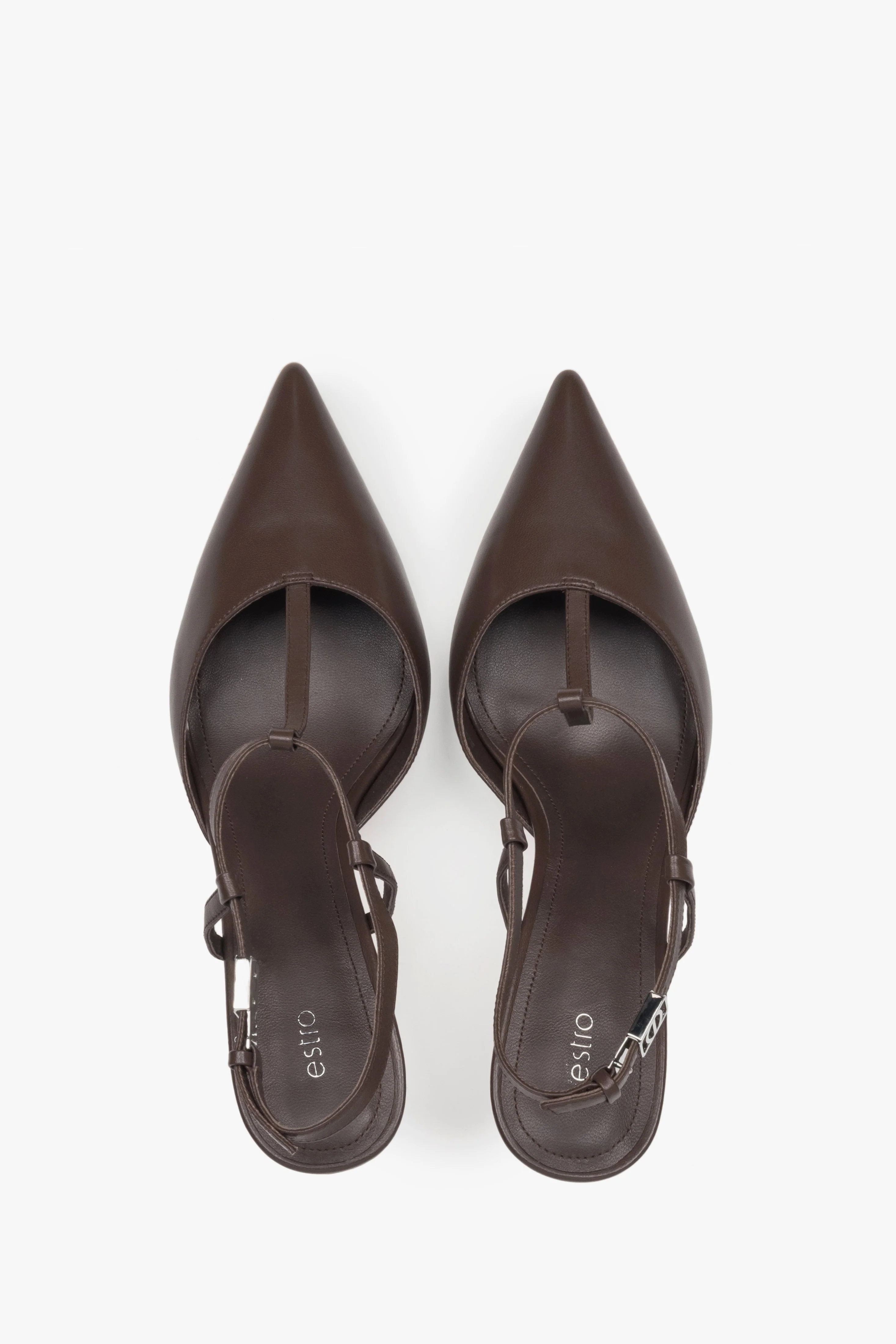Ciemnobrązowe czółenka damskie typu slingback na szpilce z czubkiem w szpic Estro ER00117181 - Image 4