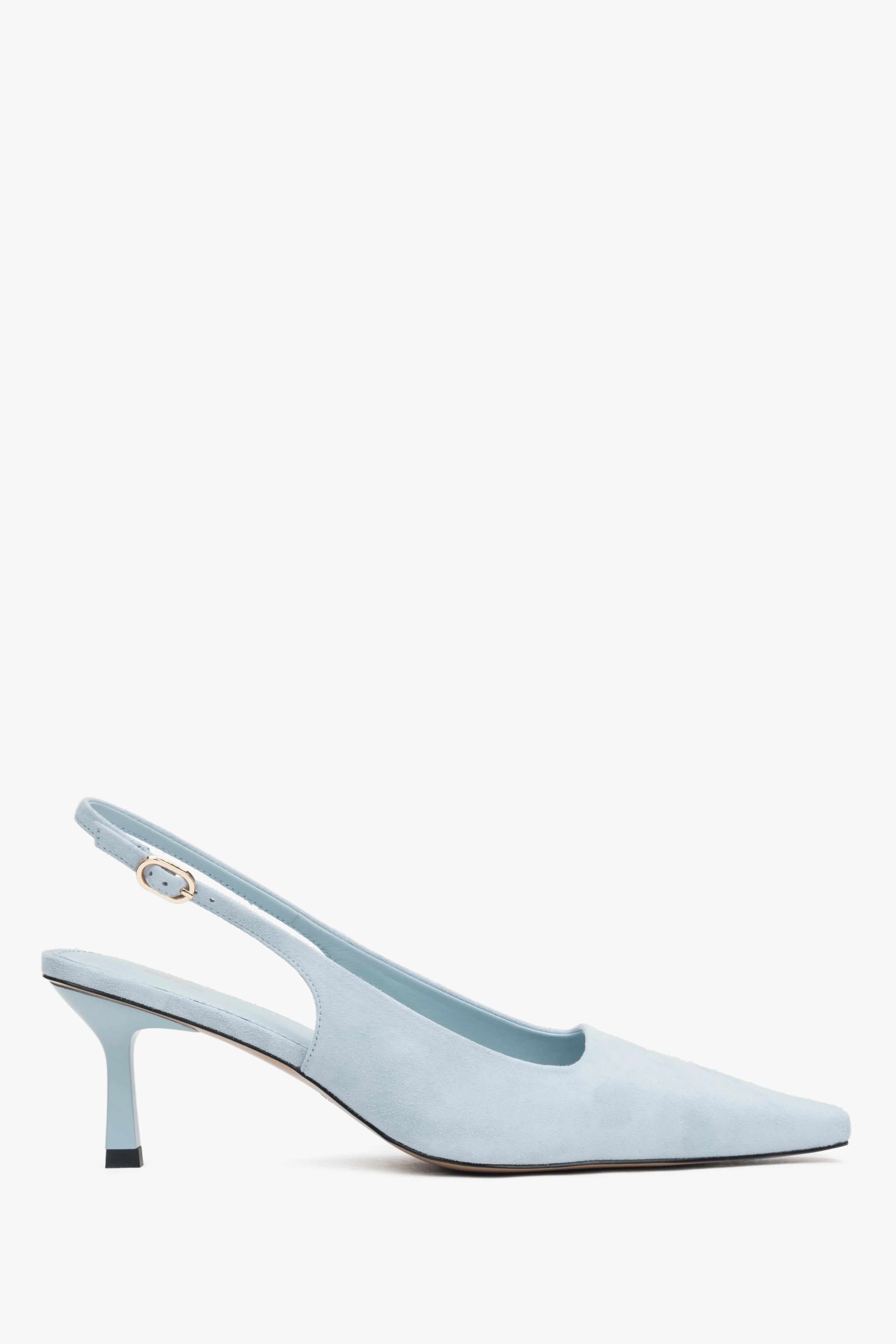 Jasnoniebieskie welurowe czółenka damskie typu slingback na niskim obcasie Estro ER00117229 - Image 2