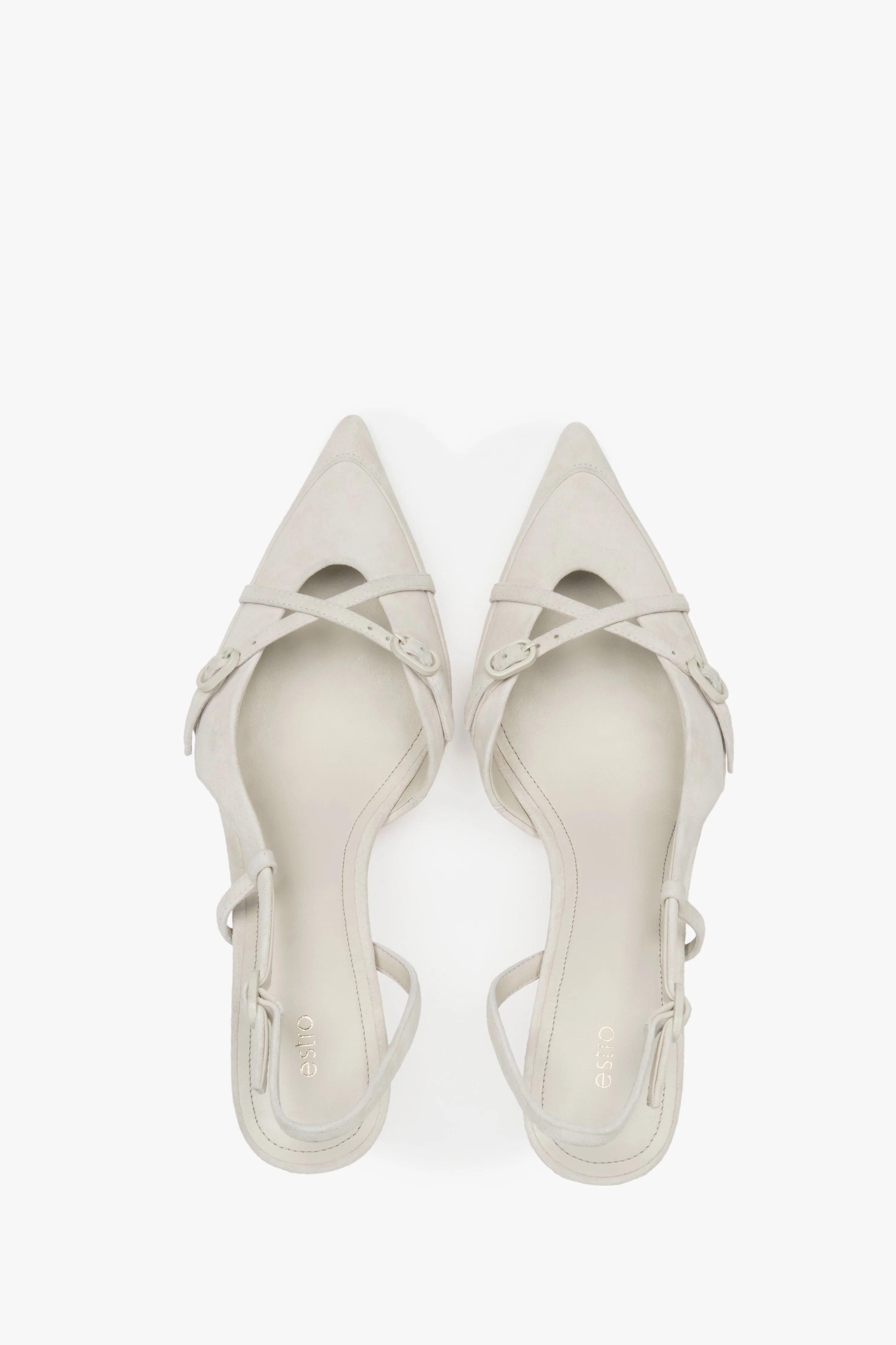 Jasnobeżowe welurowe czółenka typu slingback na niskim obcasie Estro ER00117177 - Image 4