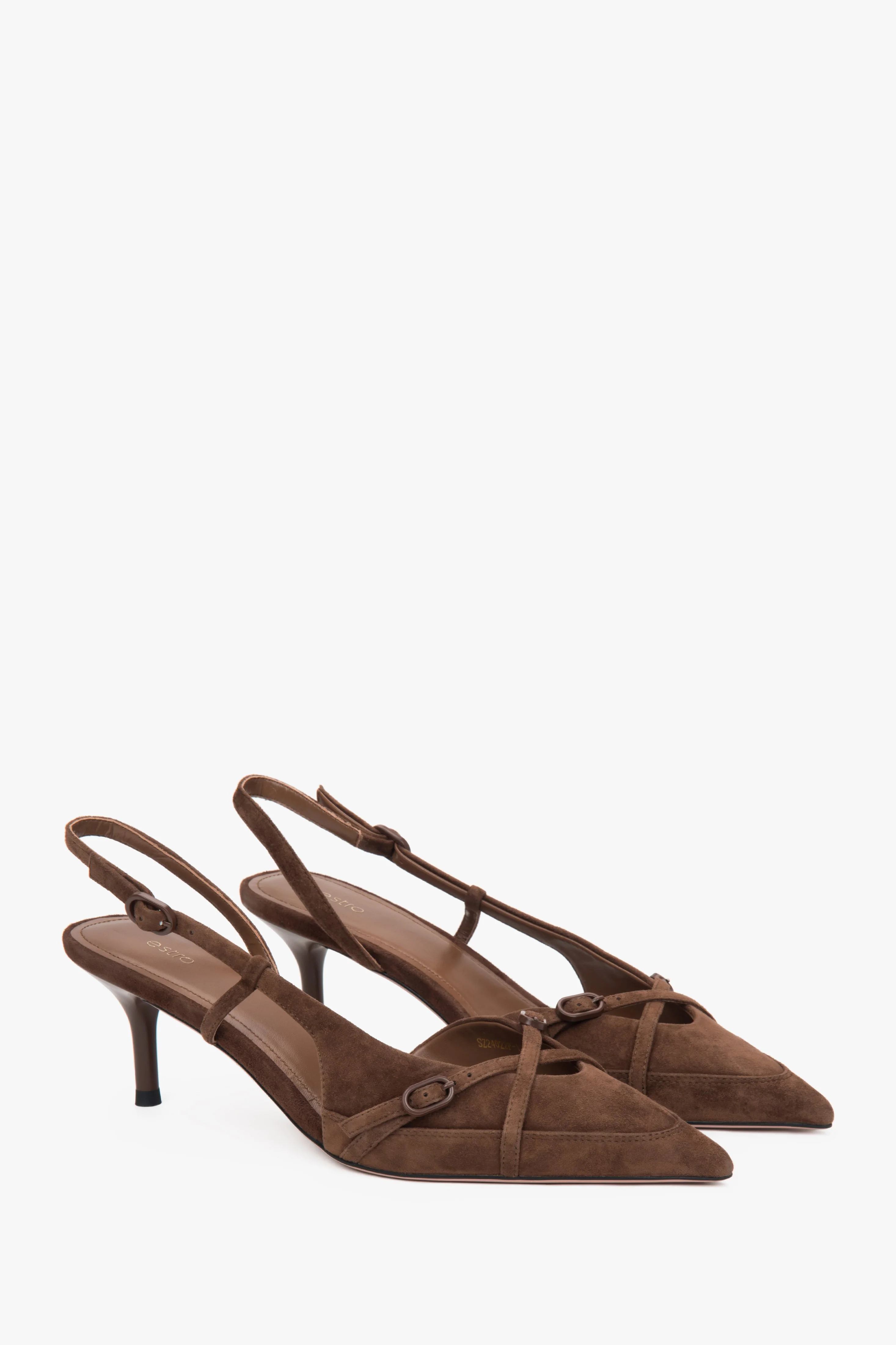 Brązowe welurowe czółenka typu slingback na niskim obcasie Estro ER00117175 - Image 2