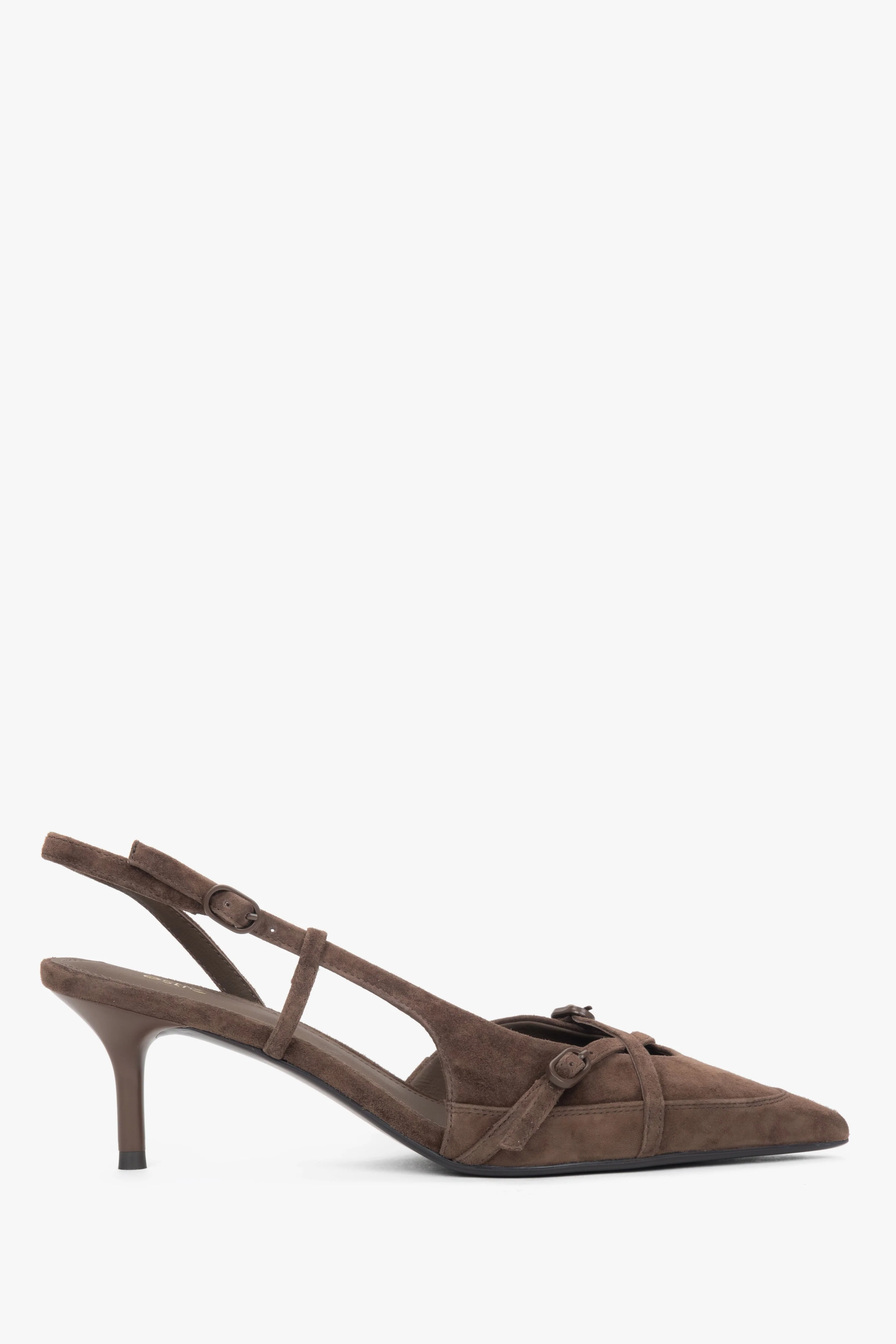 Ciemnobrązowe welurowe czółenka typu slingback na niskim obcasie Estro ER00119043 - Image 2