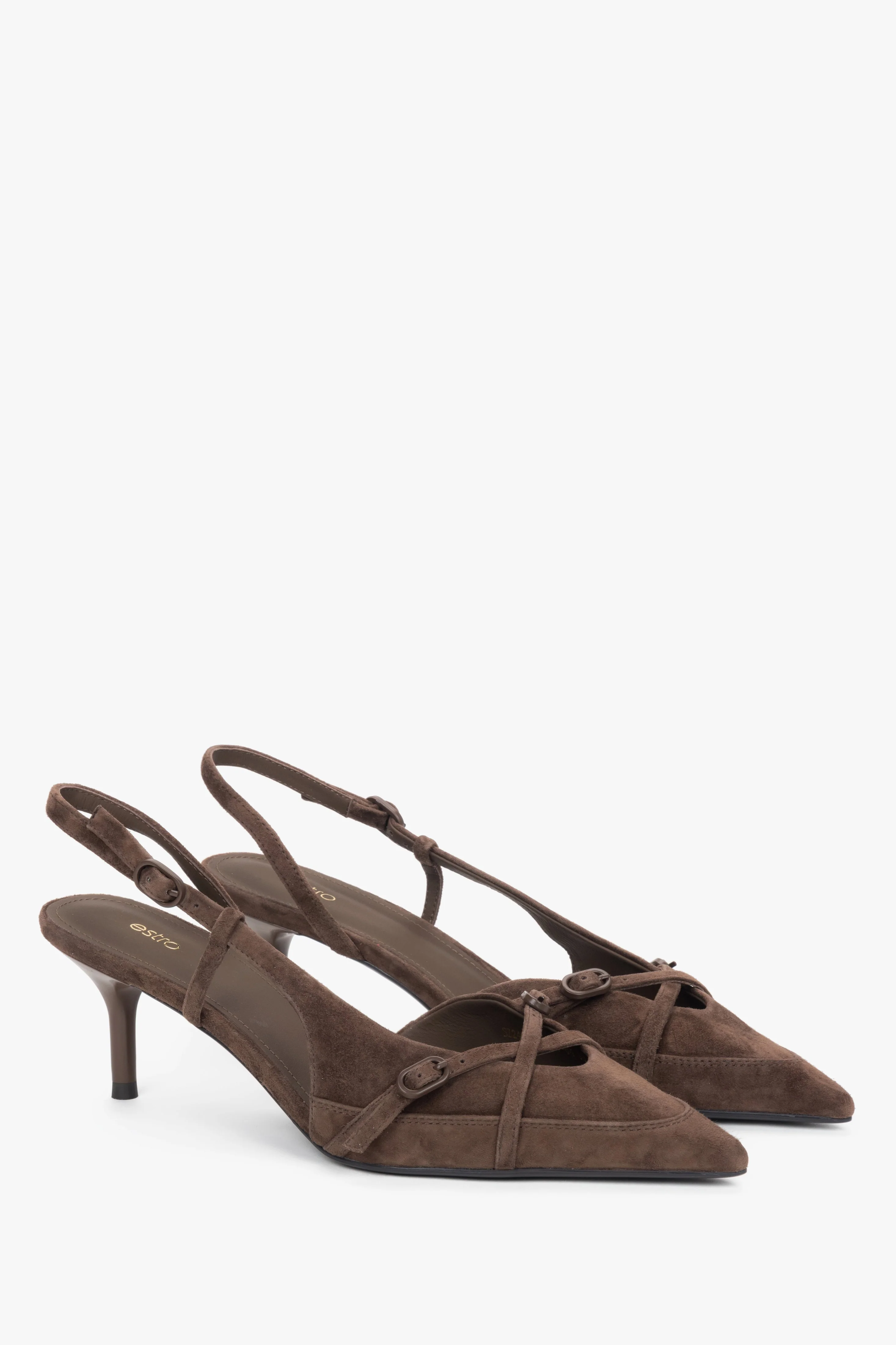 Ciemnobrązowe welurowe czółenka typu slingback na niskim obcasie Estro ER00119043 - Image 3