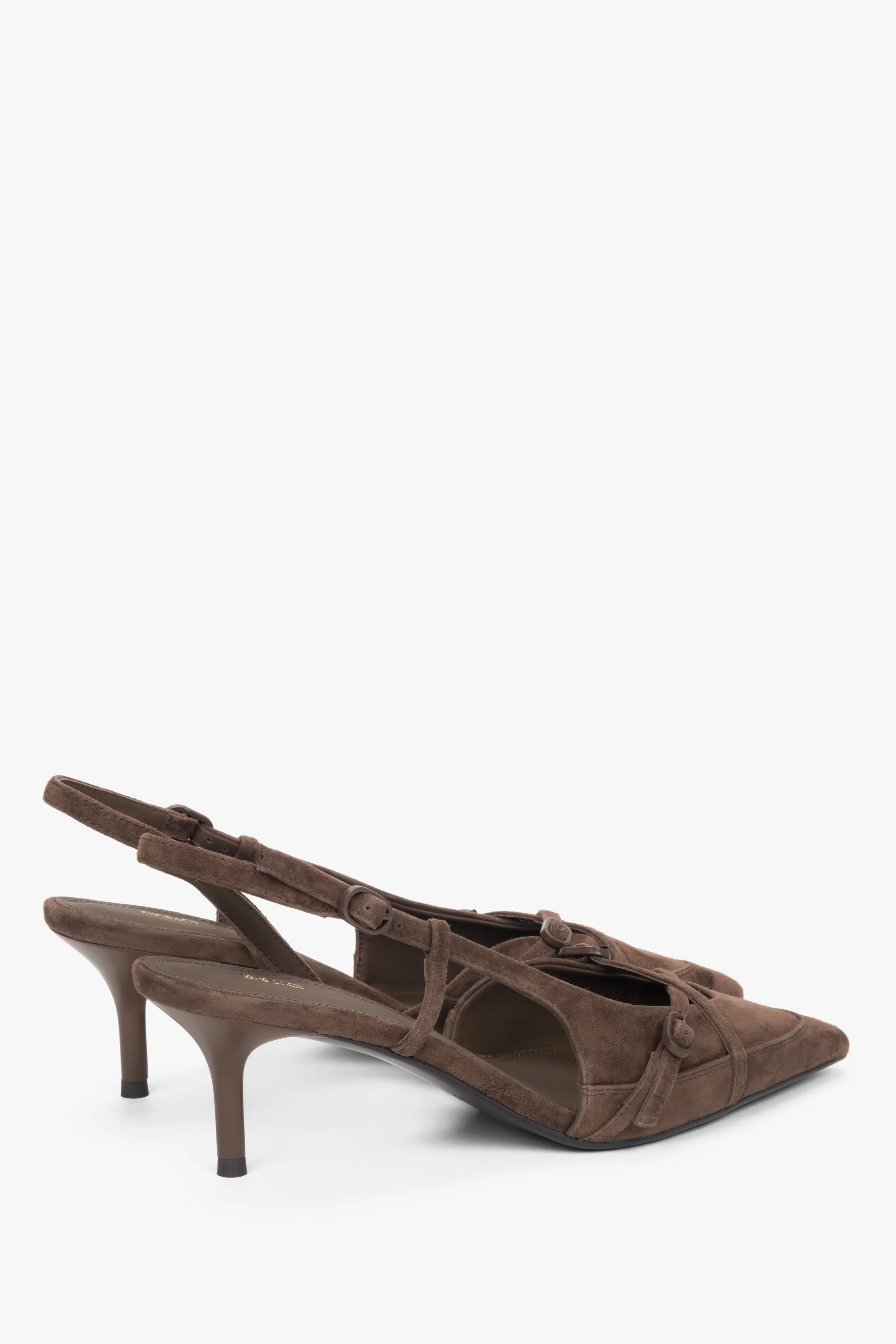 Ciemnobrązowe welurowe czółenka typu slingback na niskim obcasie Estro ER00119043 - Image 5