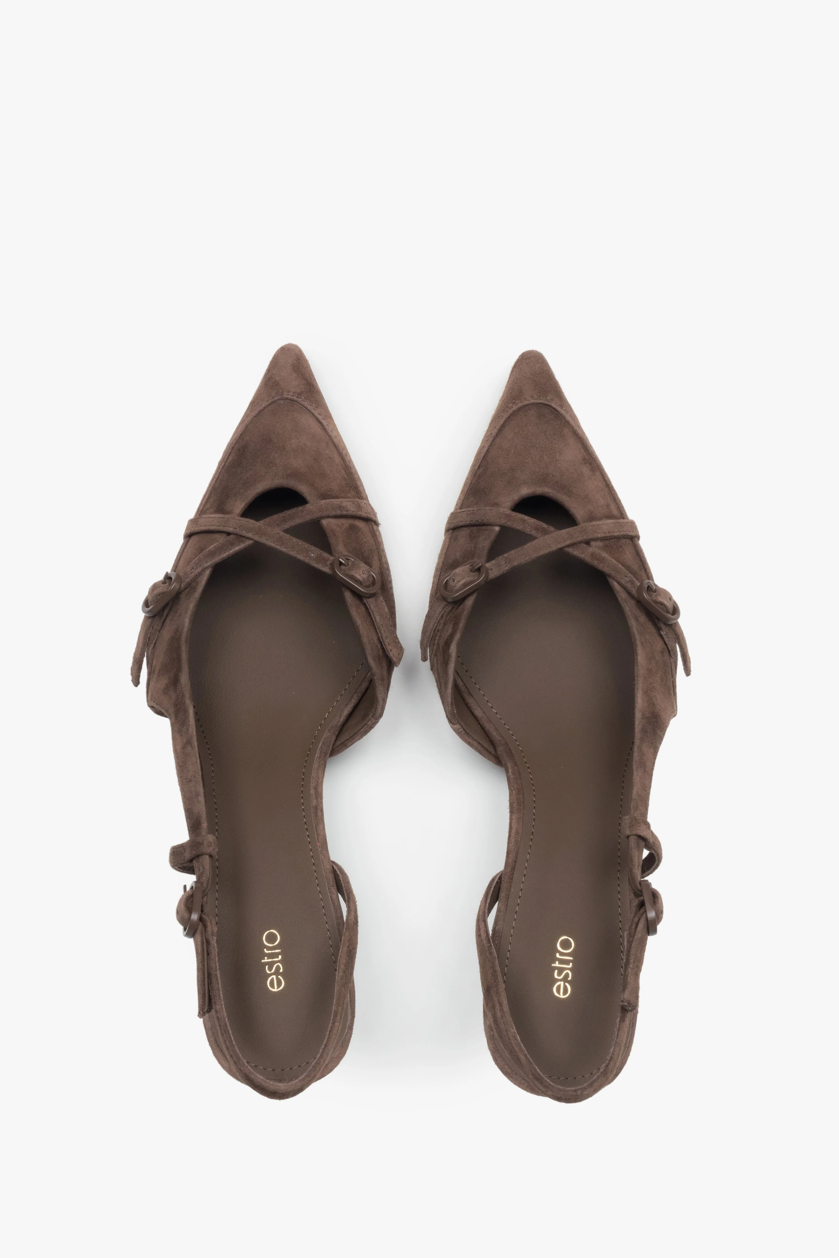 Ciemnobrązowe welurowe czółenka typu slingback na niskim obcasie Estro ER00119043 - Image 6
