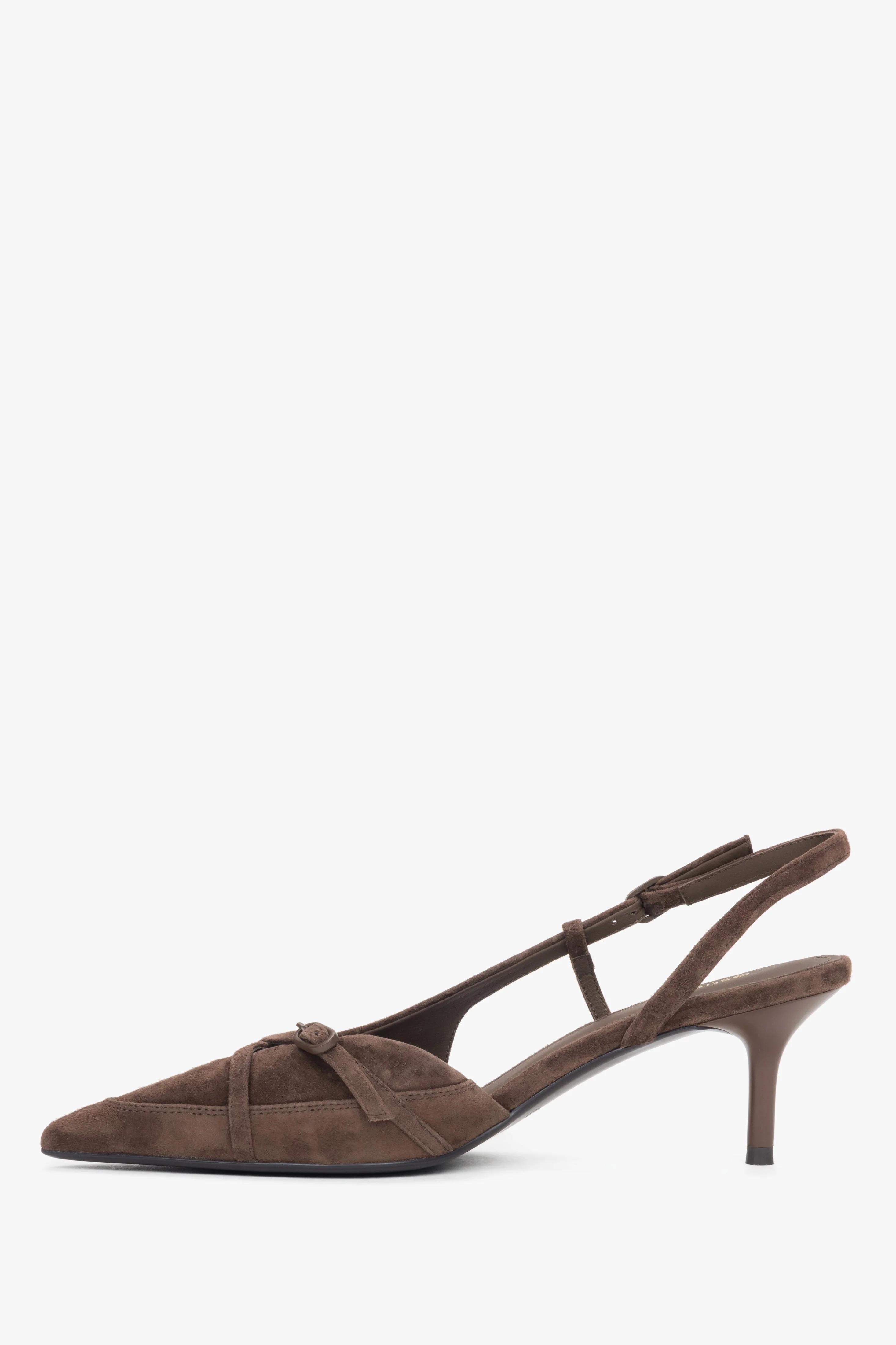 Ciemnobrązowe welurowe czółenka typu slingback na niskim obcasie Estro ER00119043 - Image 8