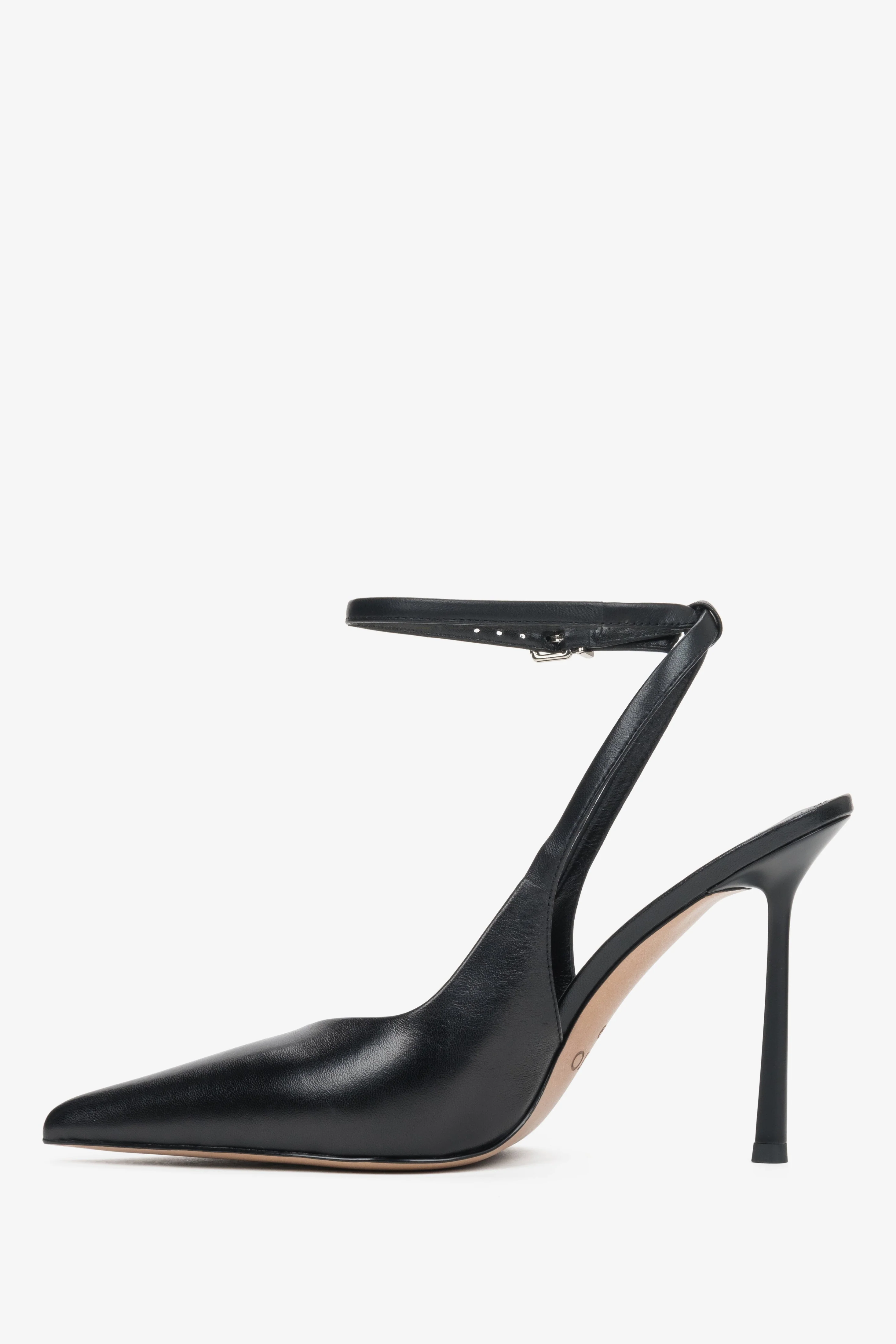 Czarne czółenka damskie z odkrytą piętą typu slingback ze skóry naturalnej Estro ER00119473 - Image 3