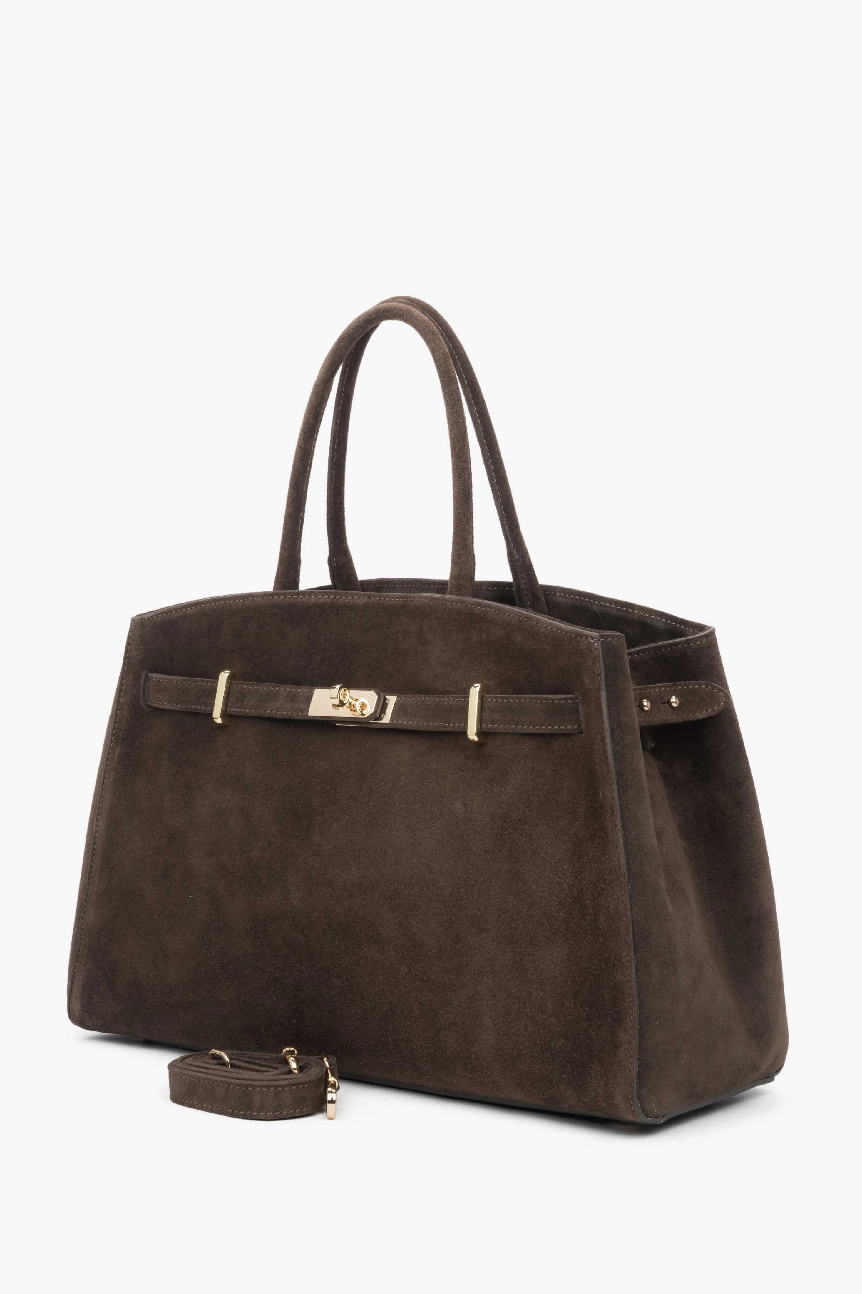 Elegancka ciemnobrązowa torebka typu tote z włoskiego weluru naturalnego Premium Estro ER00118154 - Image 3