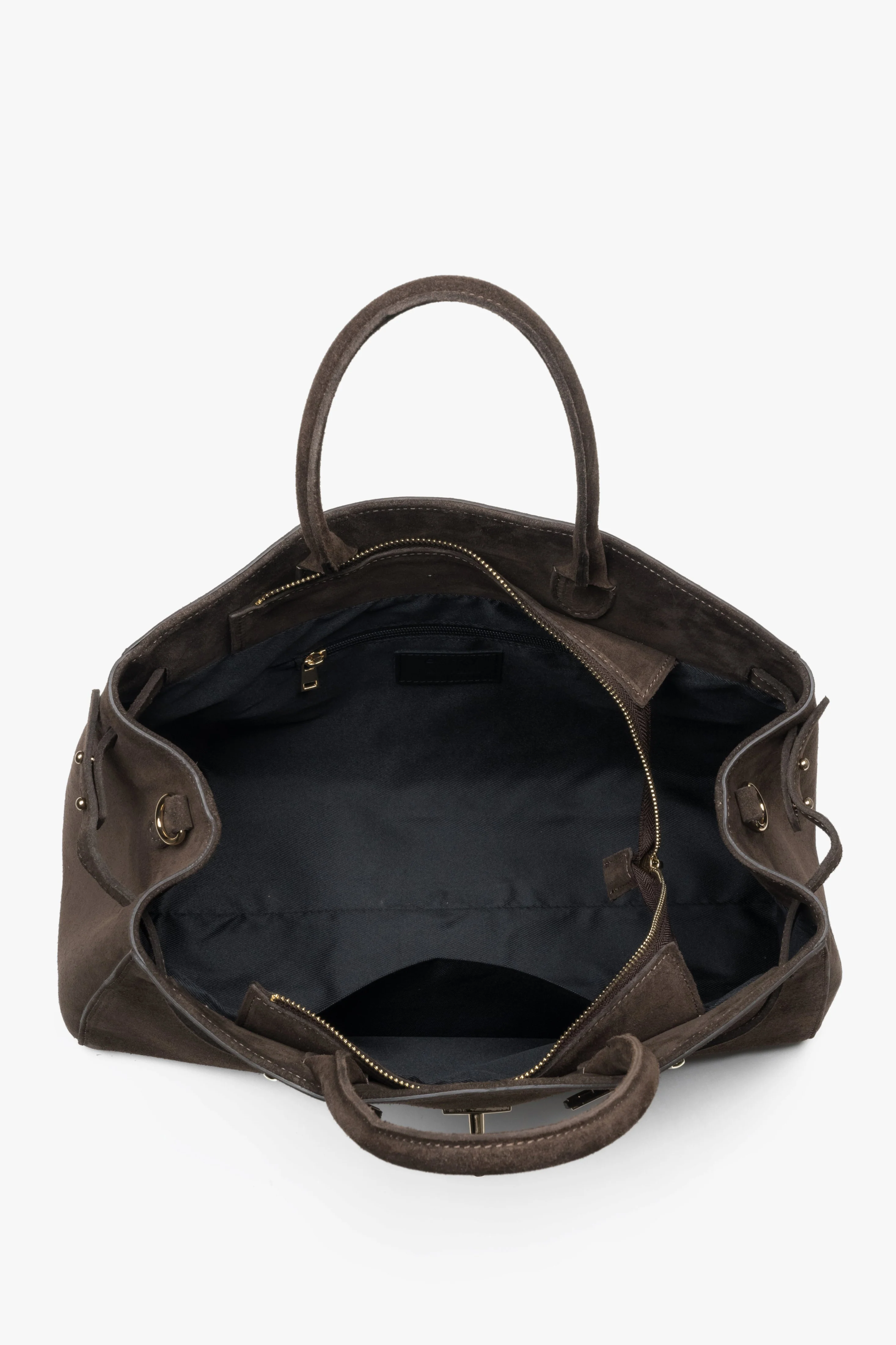 Elegancka ciemnobrązowa torebka typu tote z włoskiego weluru naturalnego Premium Estro ER00118154 - Image 4