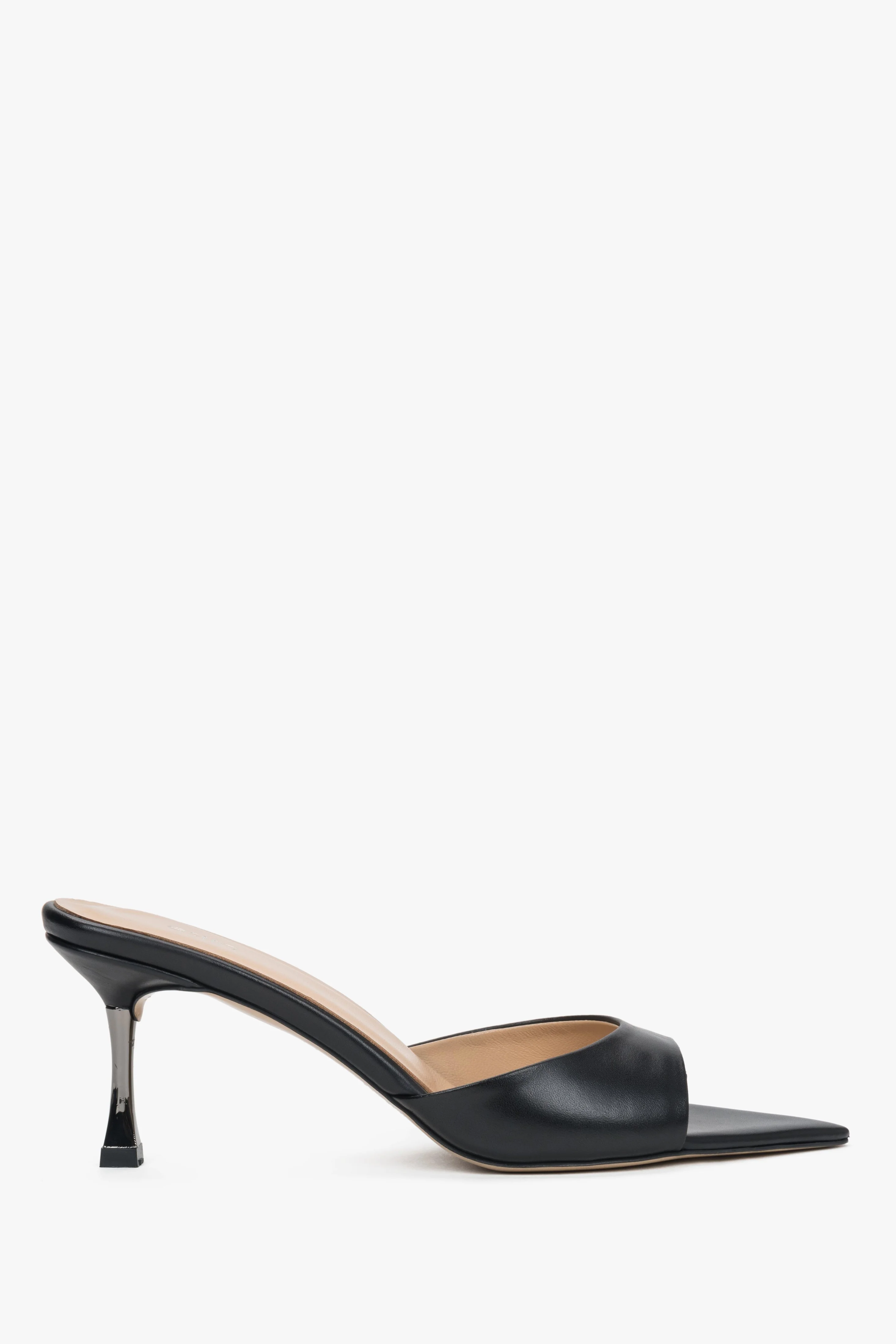 Eleganckie czarne klapki damskie ze skóry naturalnej z otwartym czubkiem w szpic Estro ER00119816 - Image 2