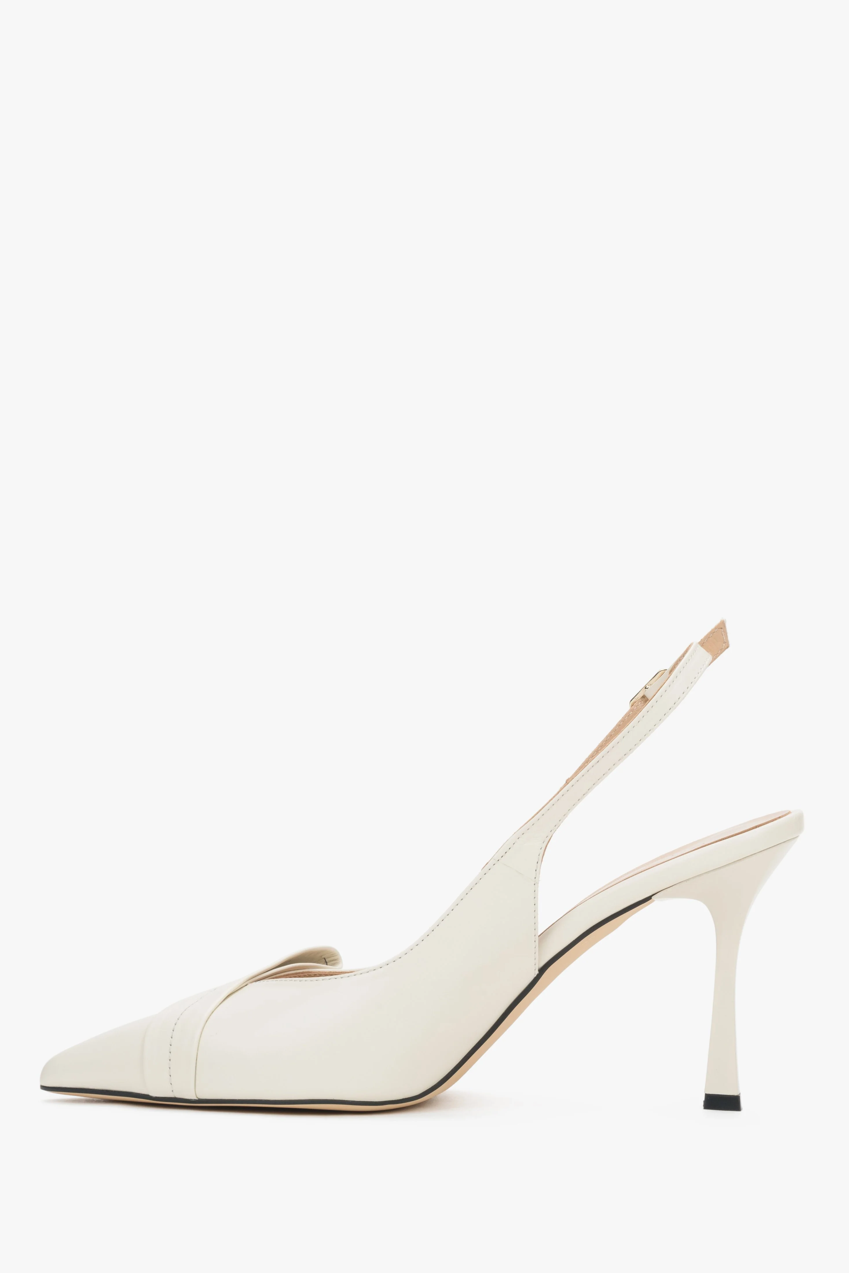 Jasnobeżowe skórzane czółenka damskie typu slingback na szpilce z czubkiem w szpic Estro ER00119581 - Image 3