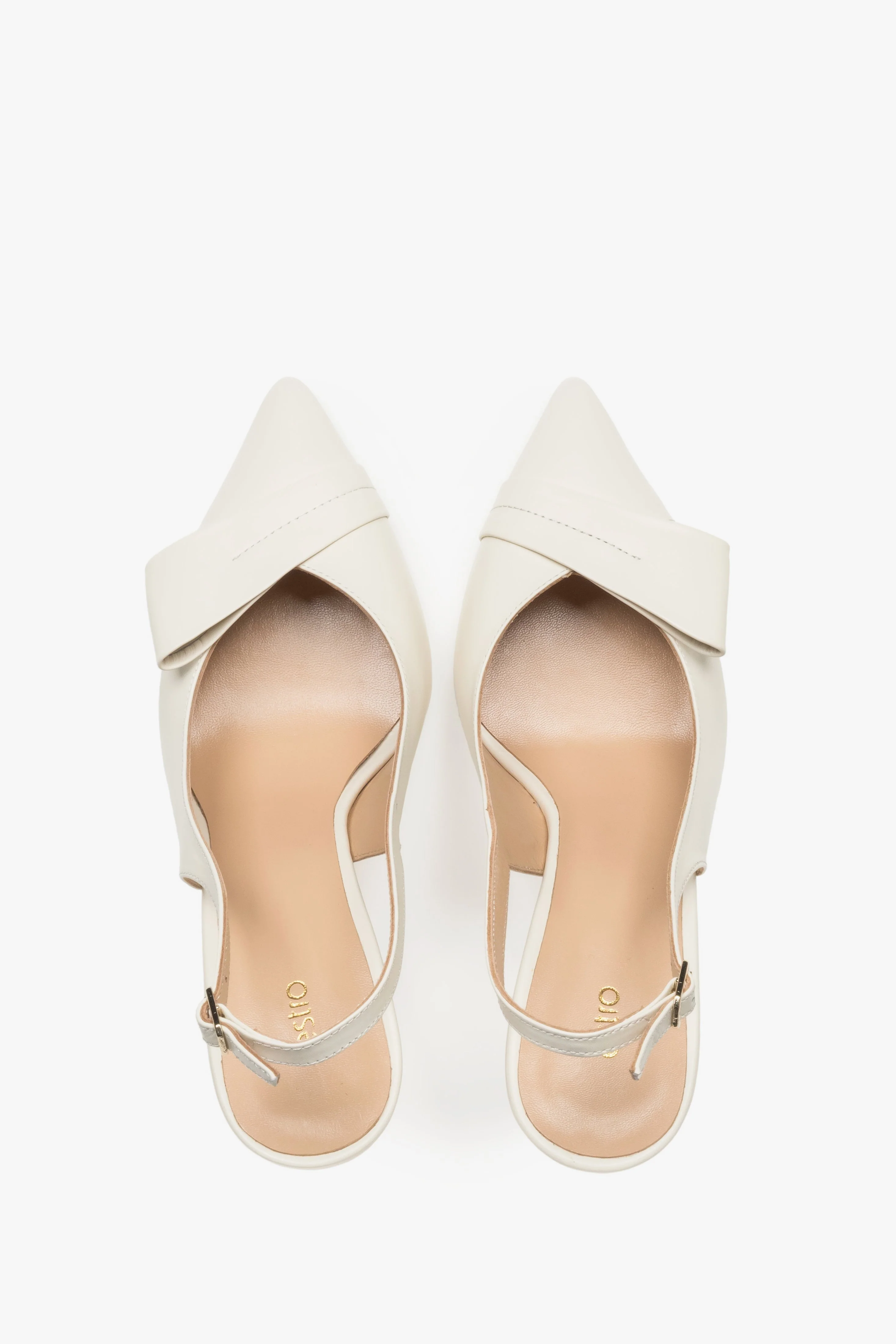 Jasnobeżowe skórzane czółenka damskie typu slingback na szpilce z czubkiem w szpic Estro ER00119581 - Image 4