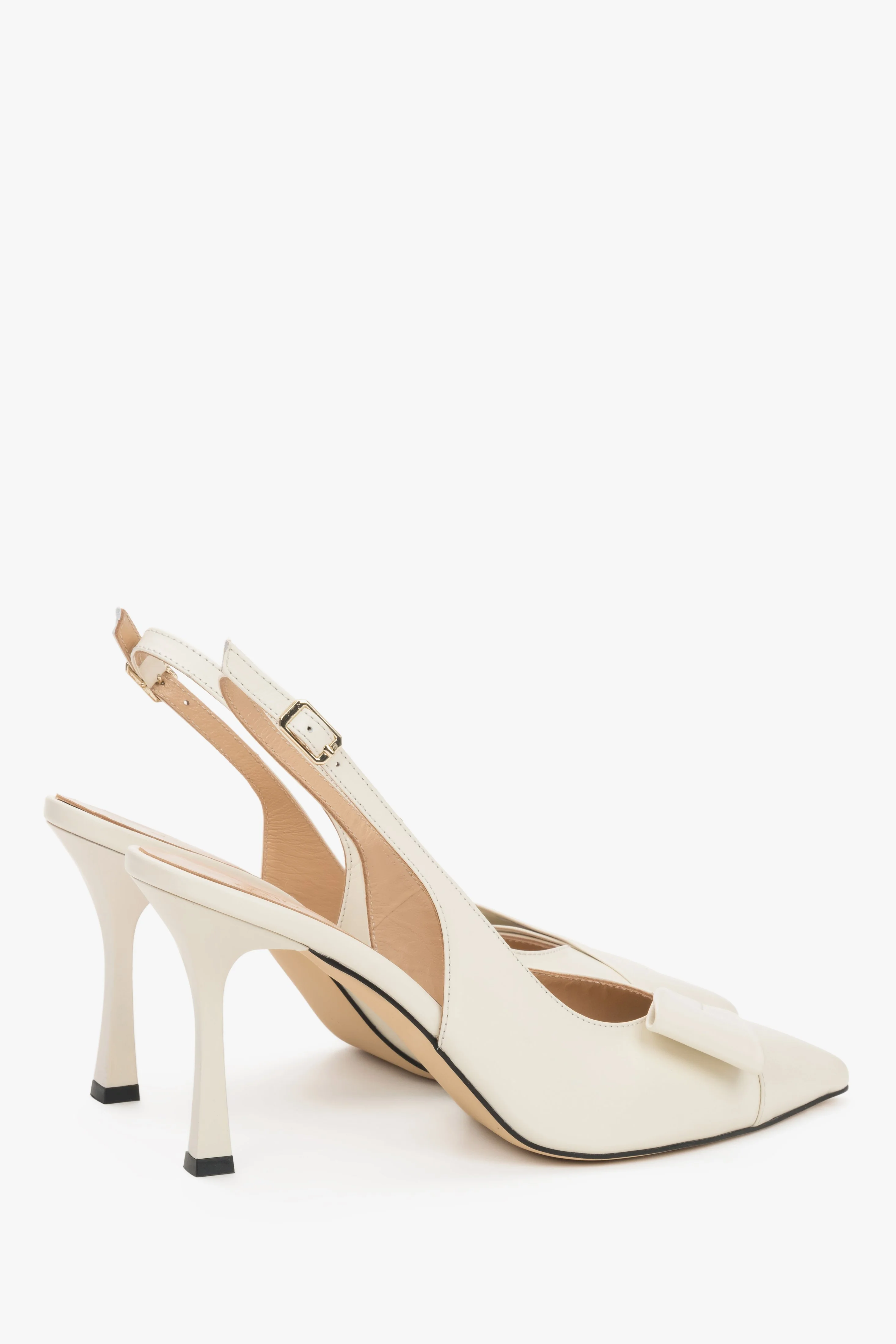 Jasnobeżowe skórzane czółenka damskie typu slingback na szpilce z czubkiem w szpic Estro ER00119581 - Image 5