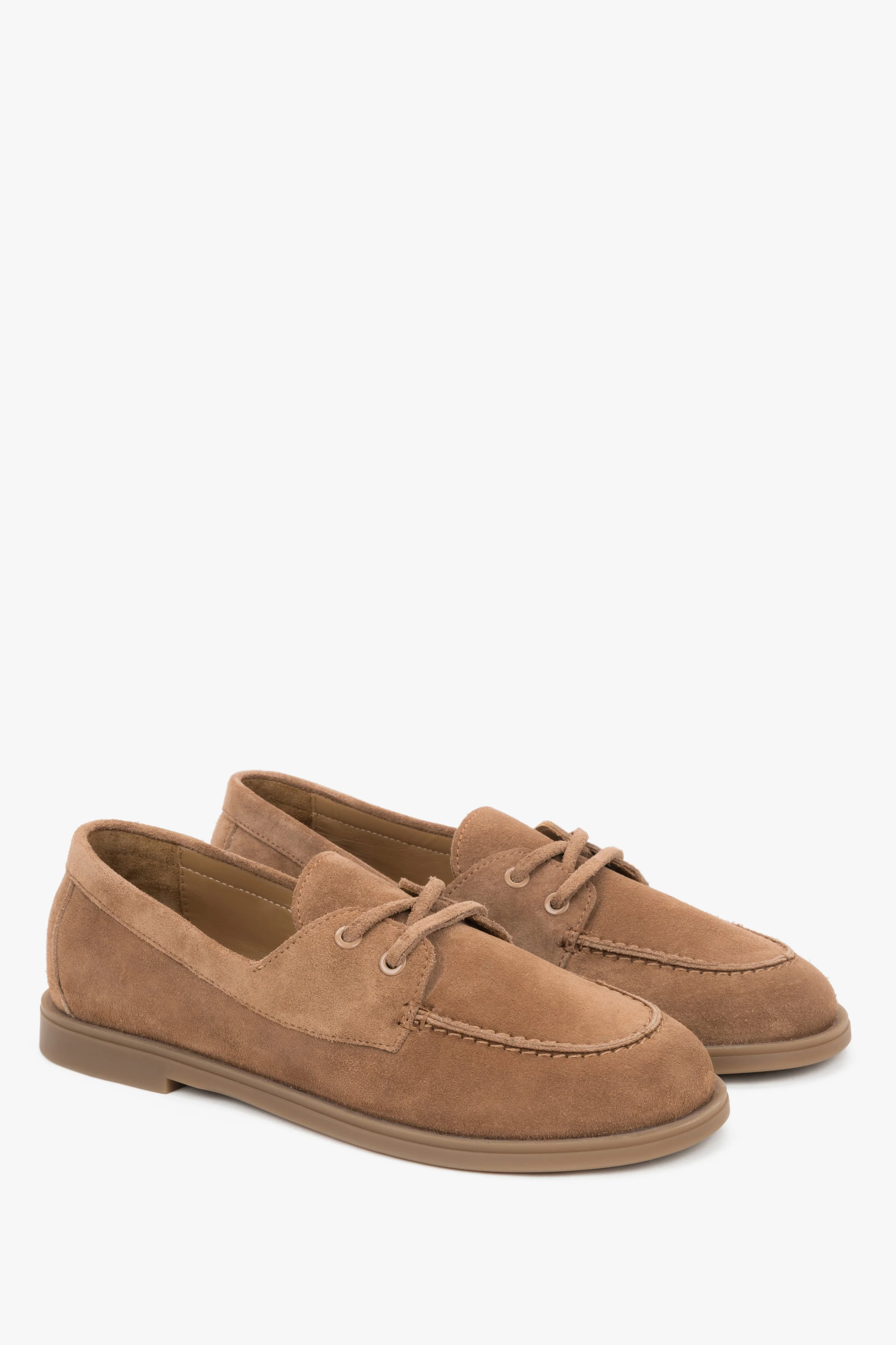 Jasnobrązowe loafersy damskie w stylu żeglarskim z włoskiego weluru naturalnego Premium Estro ER00119924 - Image 2