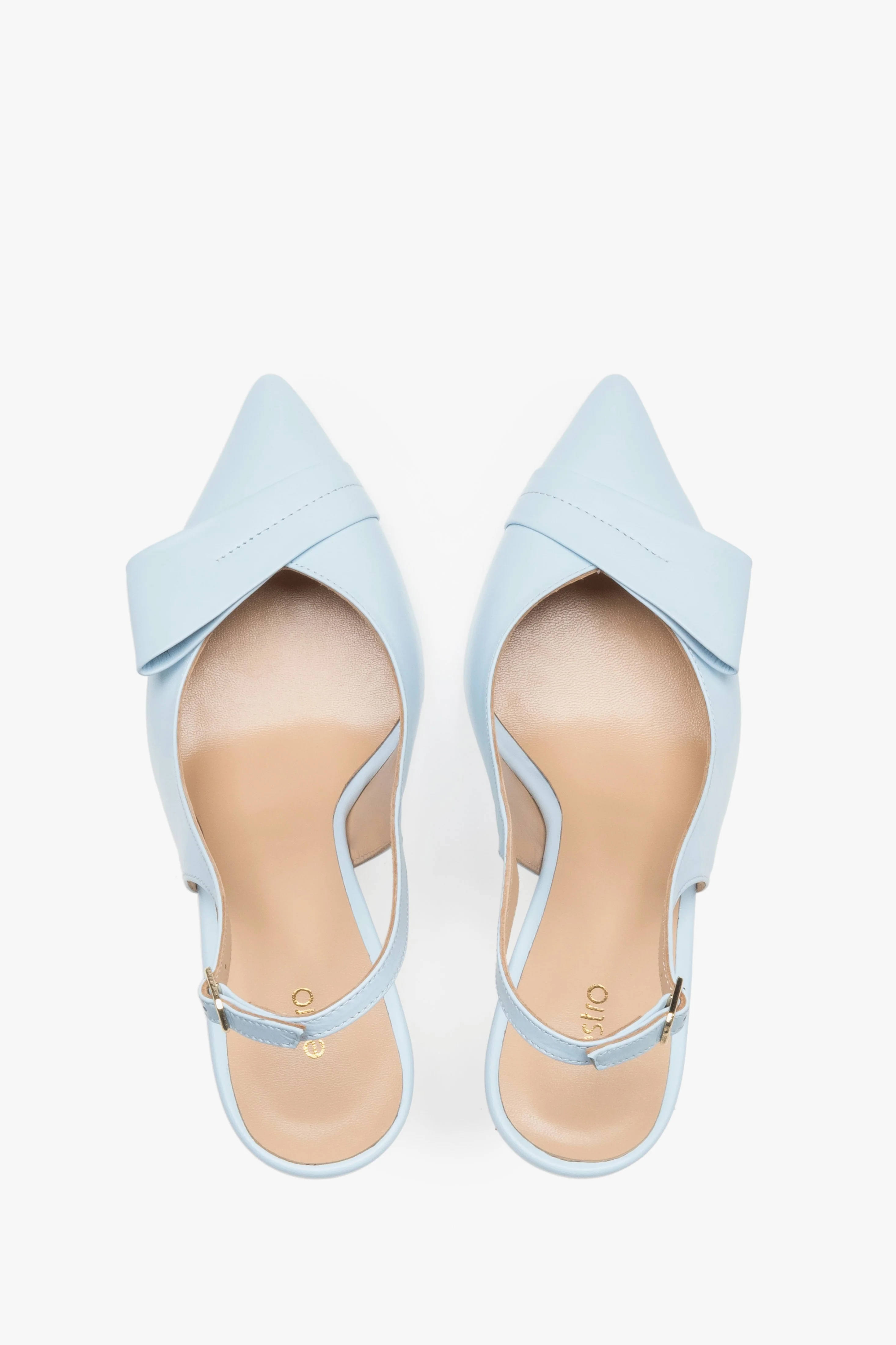 Jasnoniebieskie skórzane czółenka damskie typu slingback na szpilce z czubkiem w szpic Estro ER00119666 - Image 4