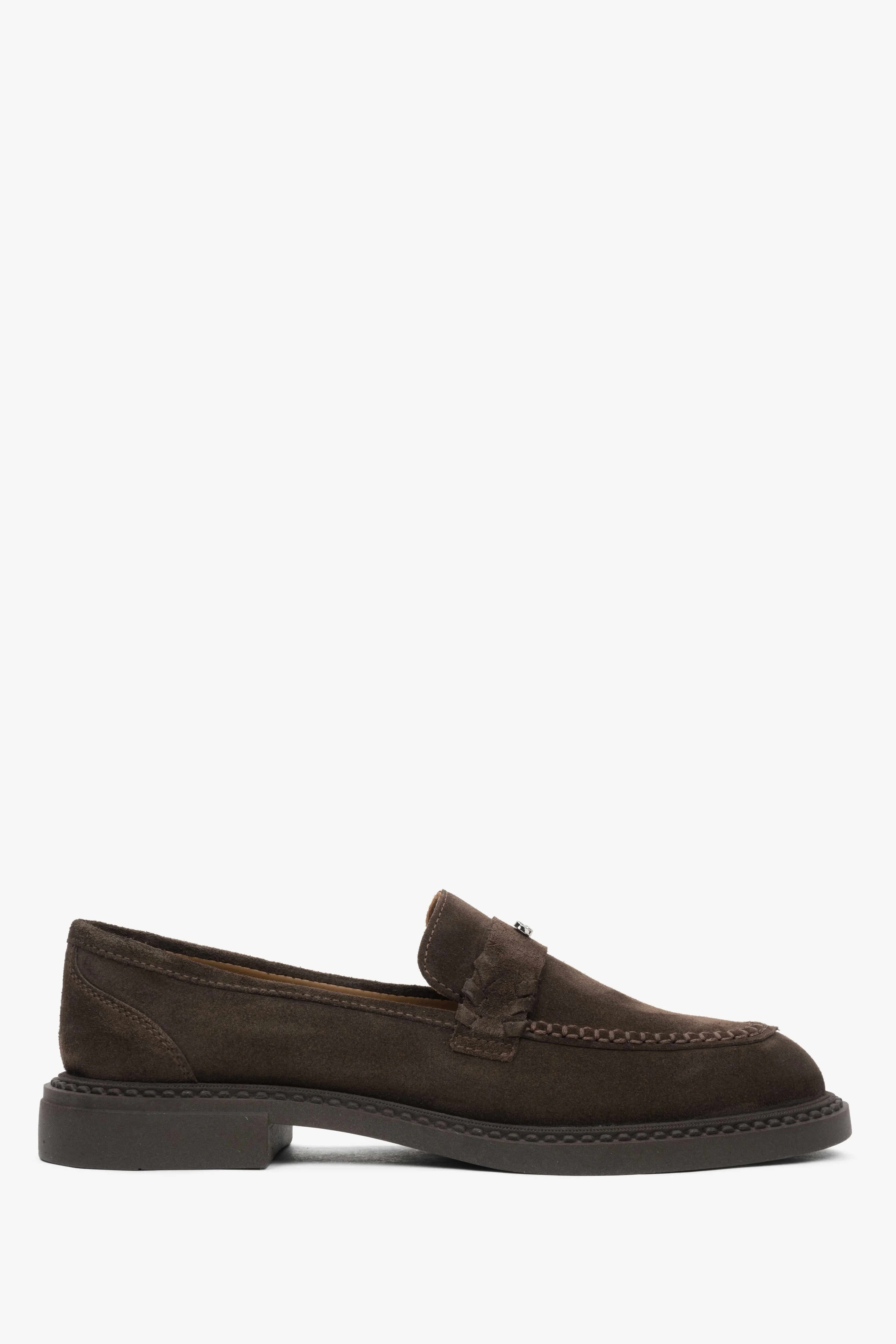 Czekoladowe loafersy damskie typu Penny z włoskiego weluru naturalnego Premium Estro ER00116793 - Image 3