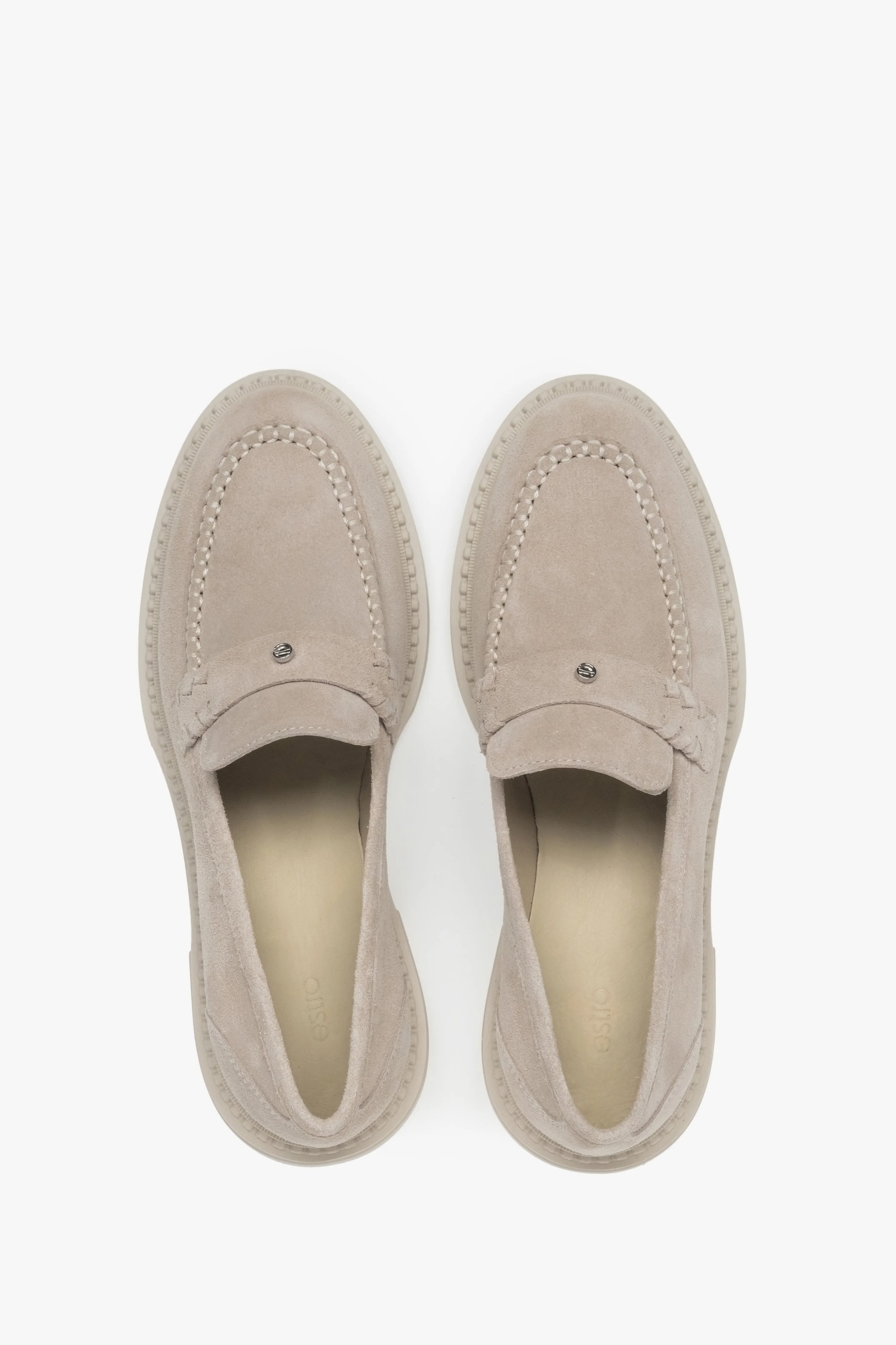 Jasnobeżowe loafersy damskie typu Penny z włoskiego weluru naturalnego Premium Estro ER00117003 - Image 4