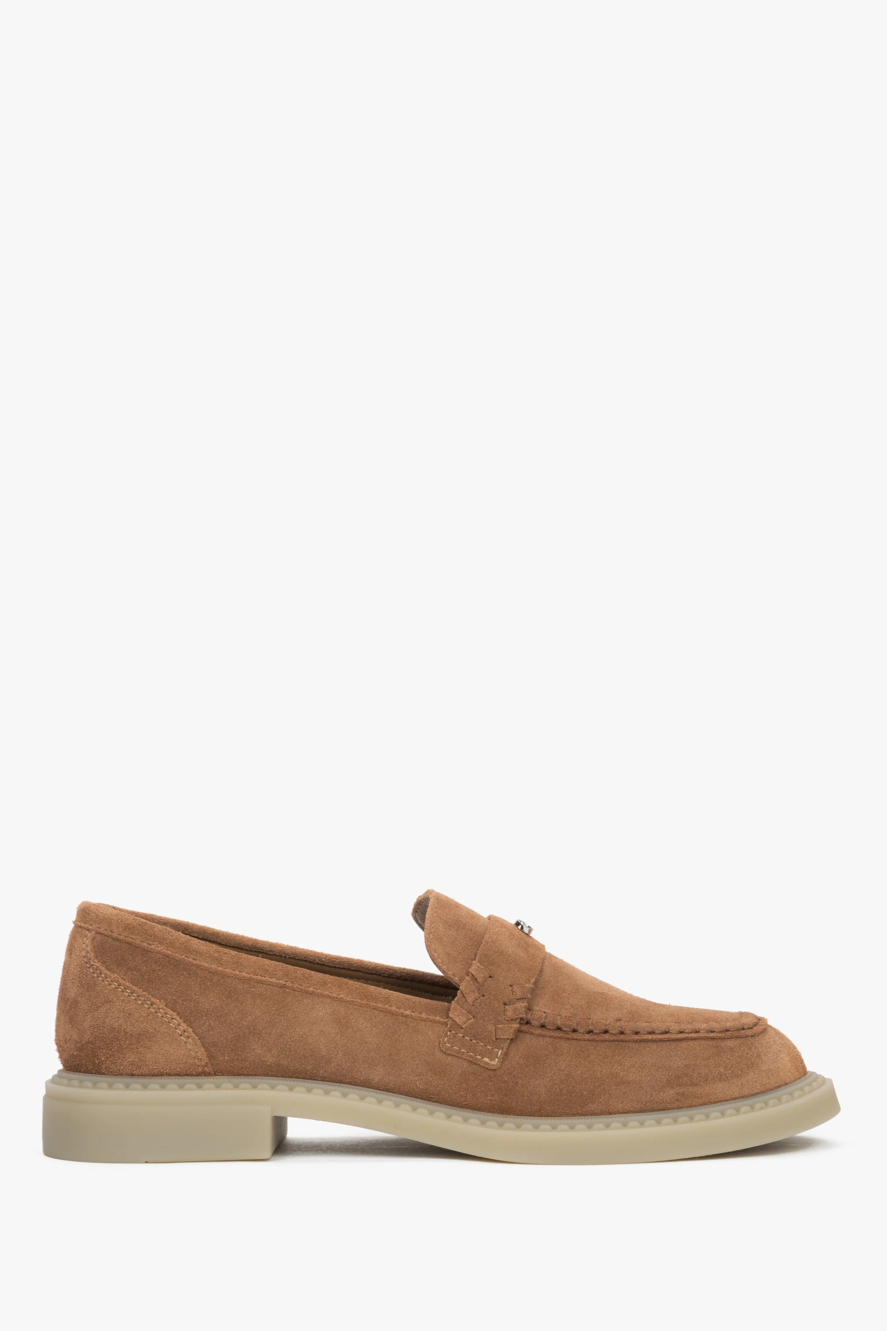 Karmelowe mokasyny damskie typu Penny z włoskiego weluru naturalnego Premium Estro ER00119214 - Image 2