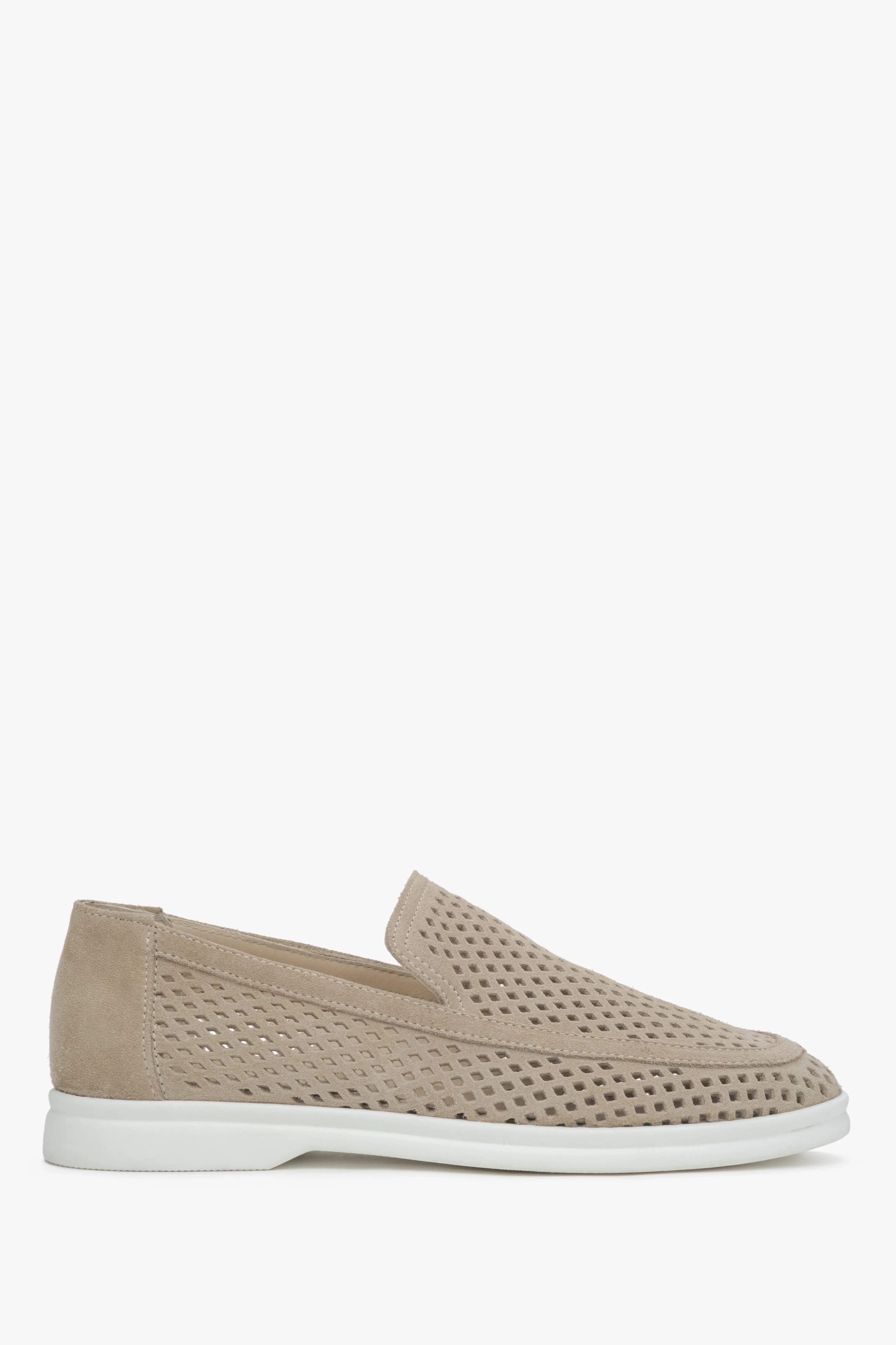 Beżowe loafersy damskie z włoskiego weluru Premium z perforacją ER00117585