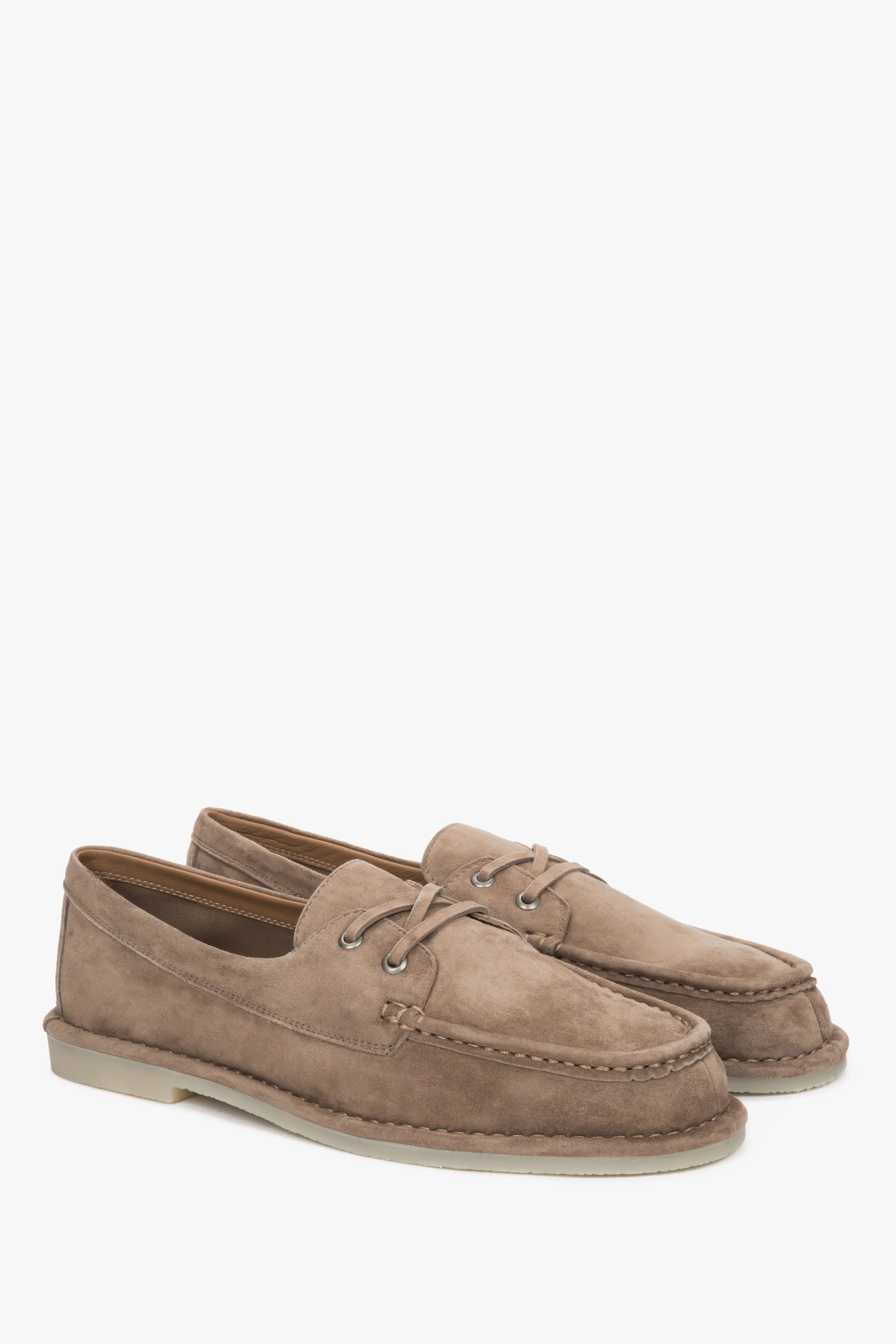 Beżowe sznurowane loafersy damskie z weluru w stylu żeglarskim Estro ER00119012 - Image 2