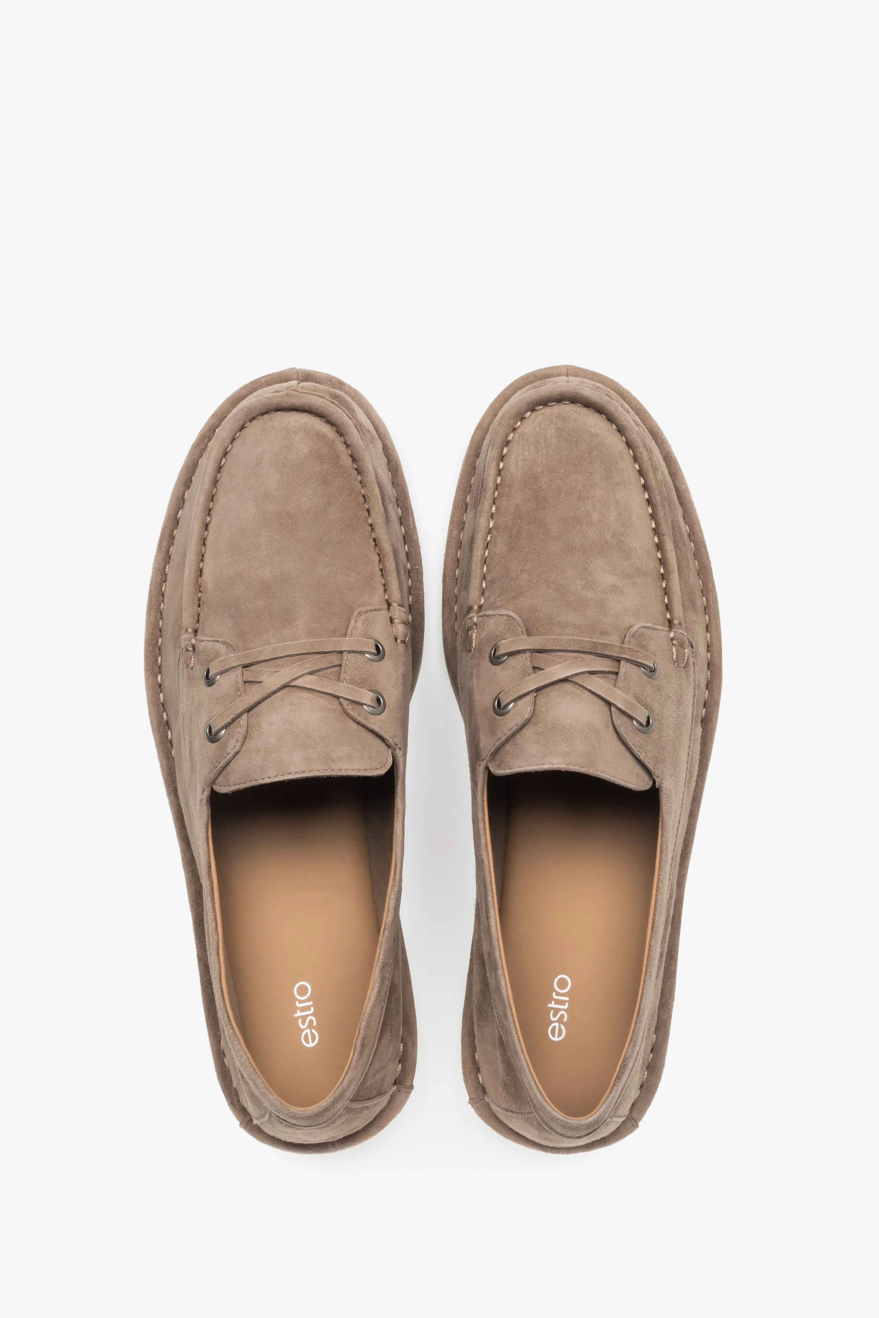 Beżowe sznurowane loafersy damskie z weluru w stylu żeglarskim Estro ER00119012 - Image 4