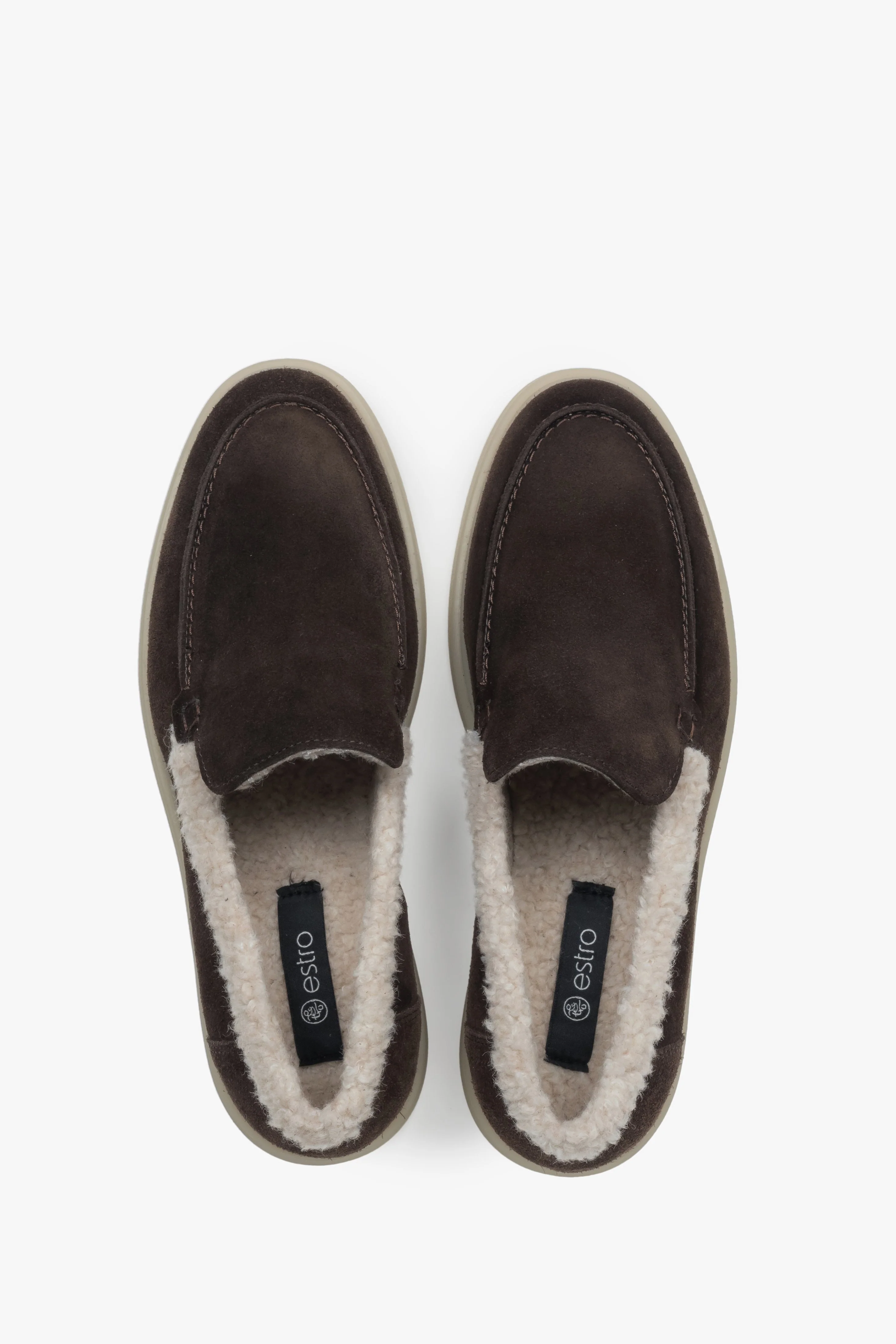 Ciemnobrązowe loafersy damskie na zimę z weluru naturalnego i futrzanym wsadem Estro ER00118322 - Image 4