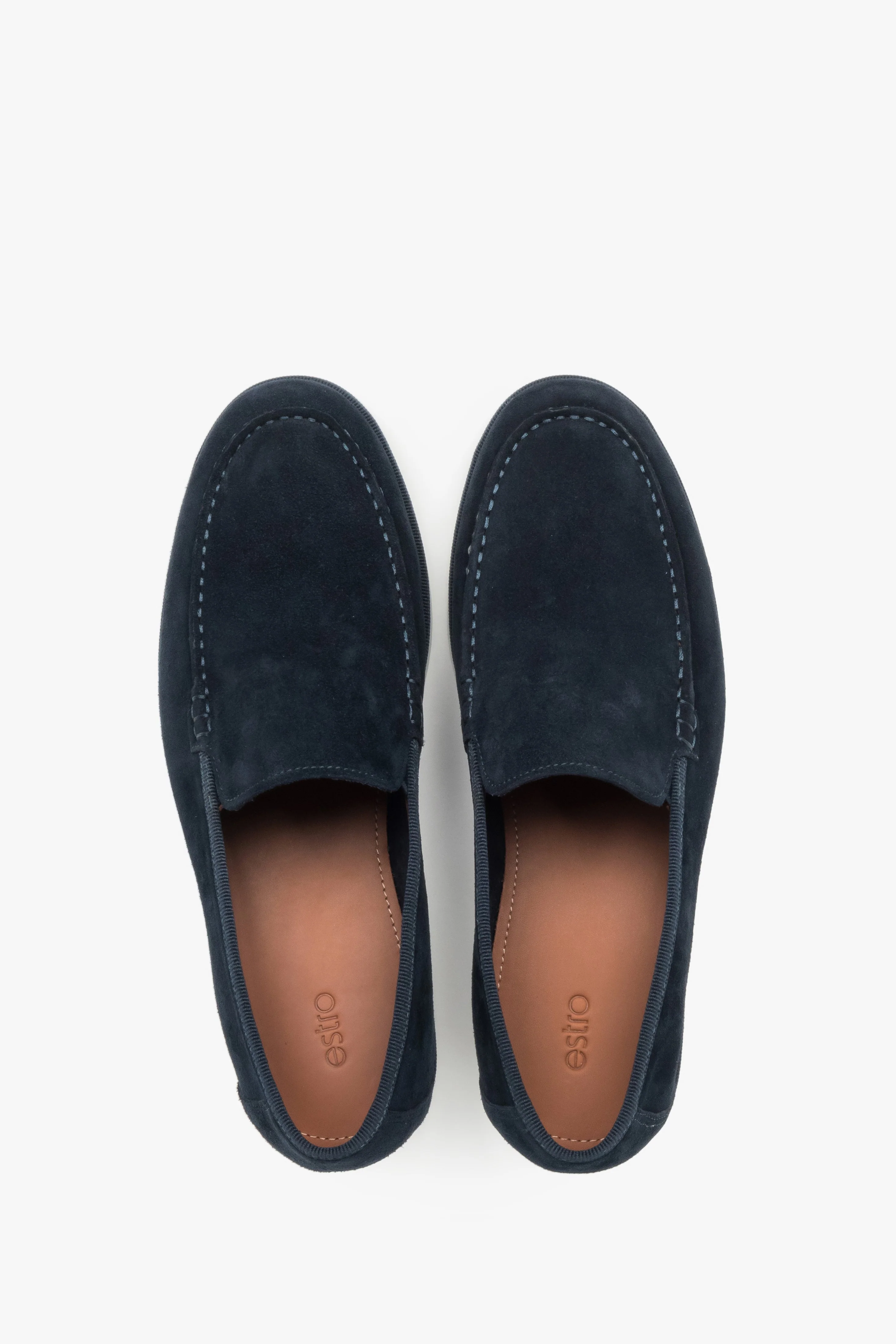 Granatowe loafersy męskie z weluru naturalnego z kontrastującą podeszwą Estro ER00119440 - Image 4