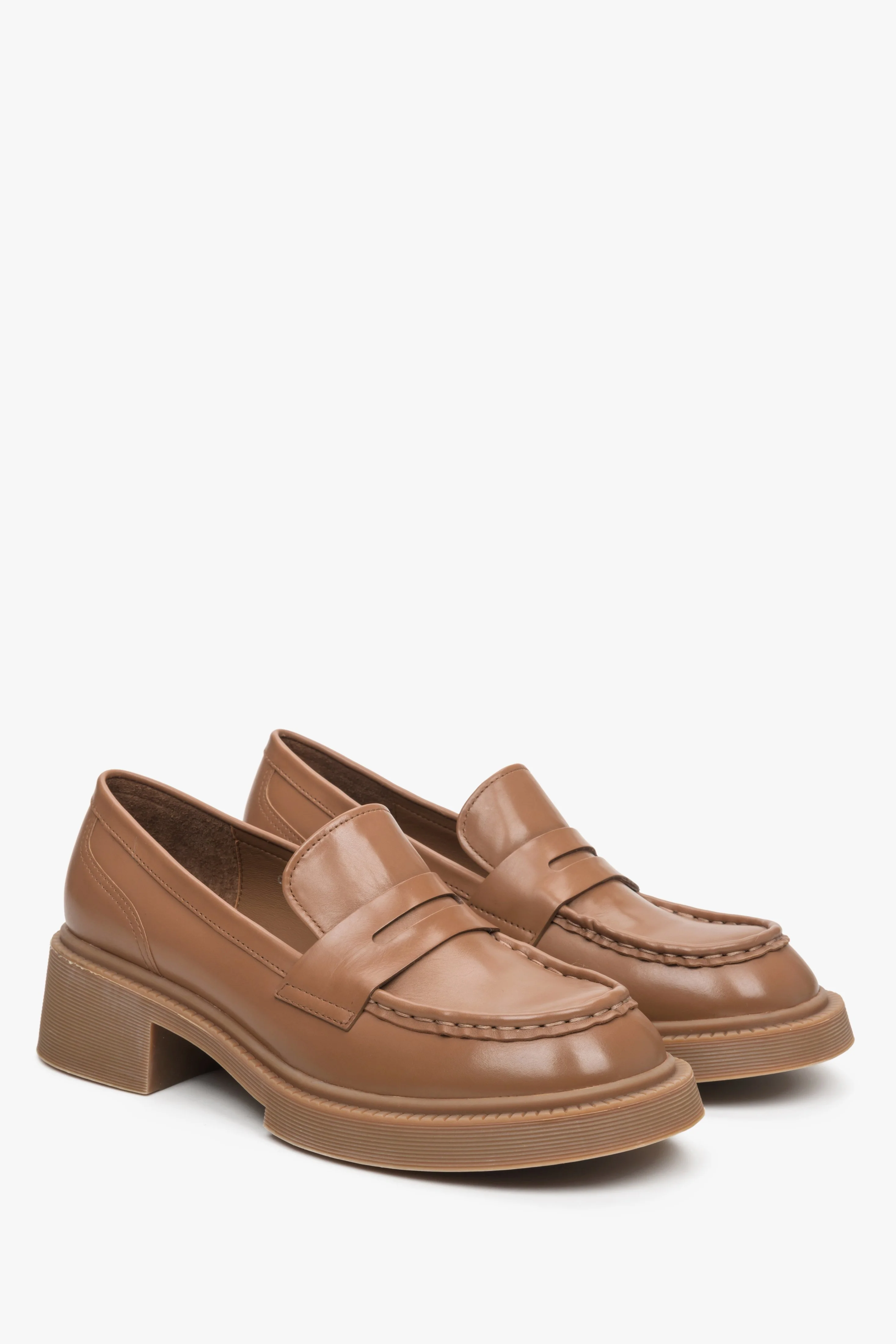 Brązowe mokasyny damskie loafersy na stabilnym obcasie ze skóry naturalnej Estro ER00113578 - Image 4