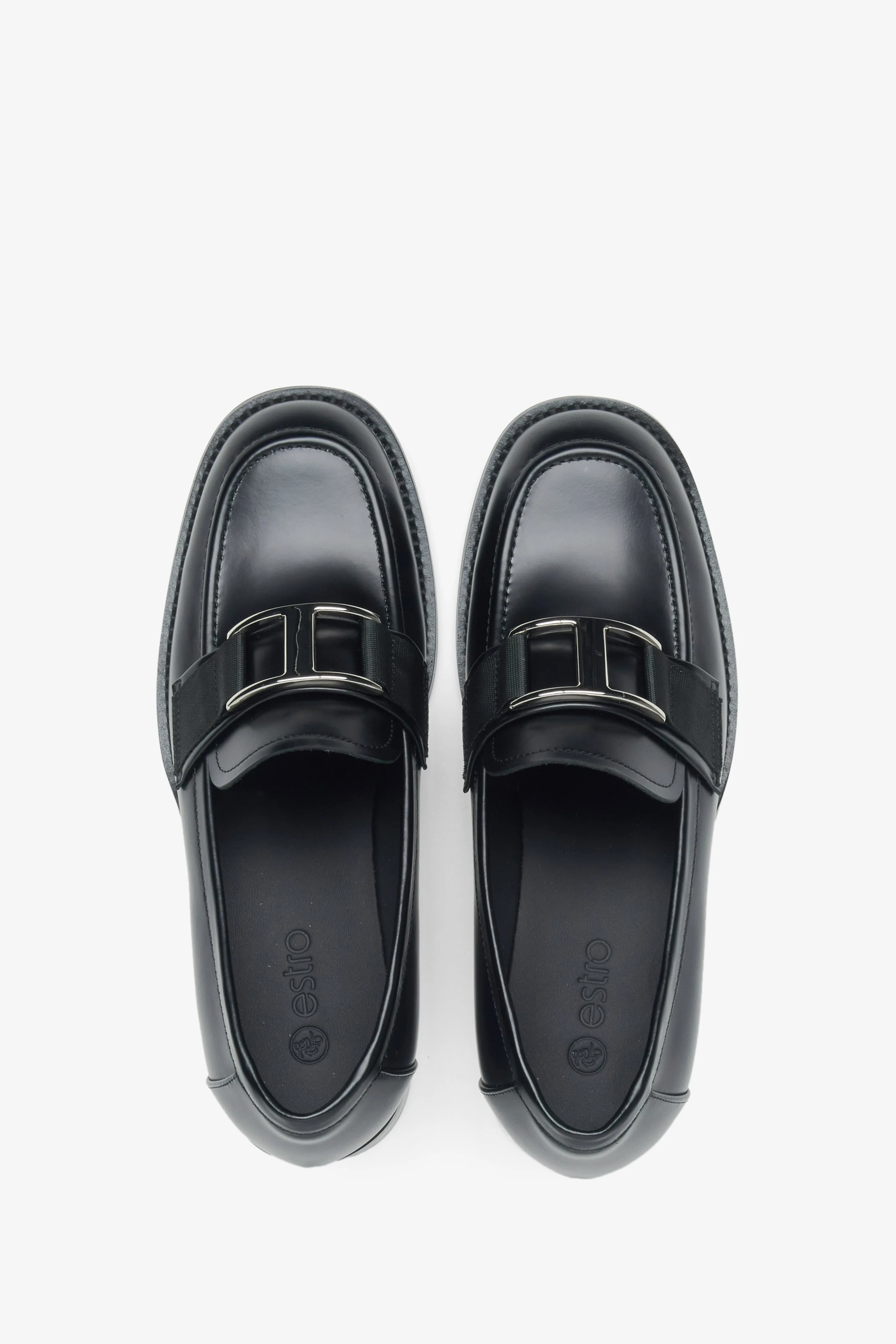 Czarne skórzane loafersy damskie typu penny z ozdobną klamrą Estro ER00115996 - Image 4