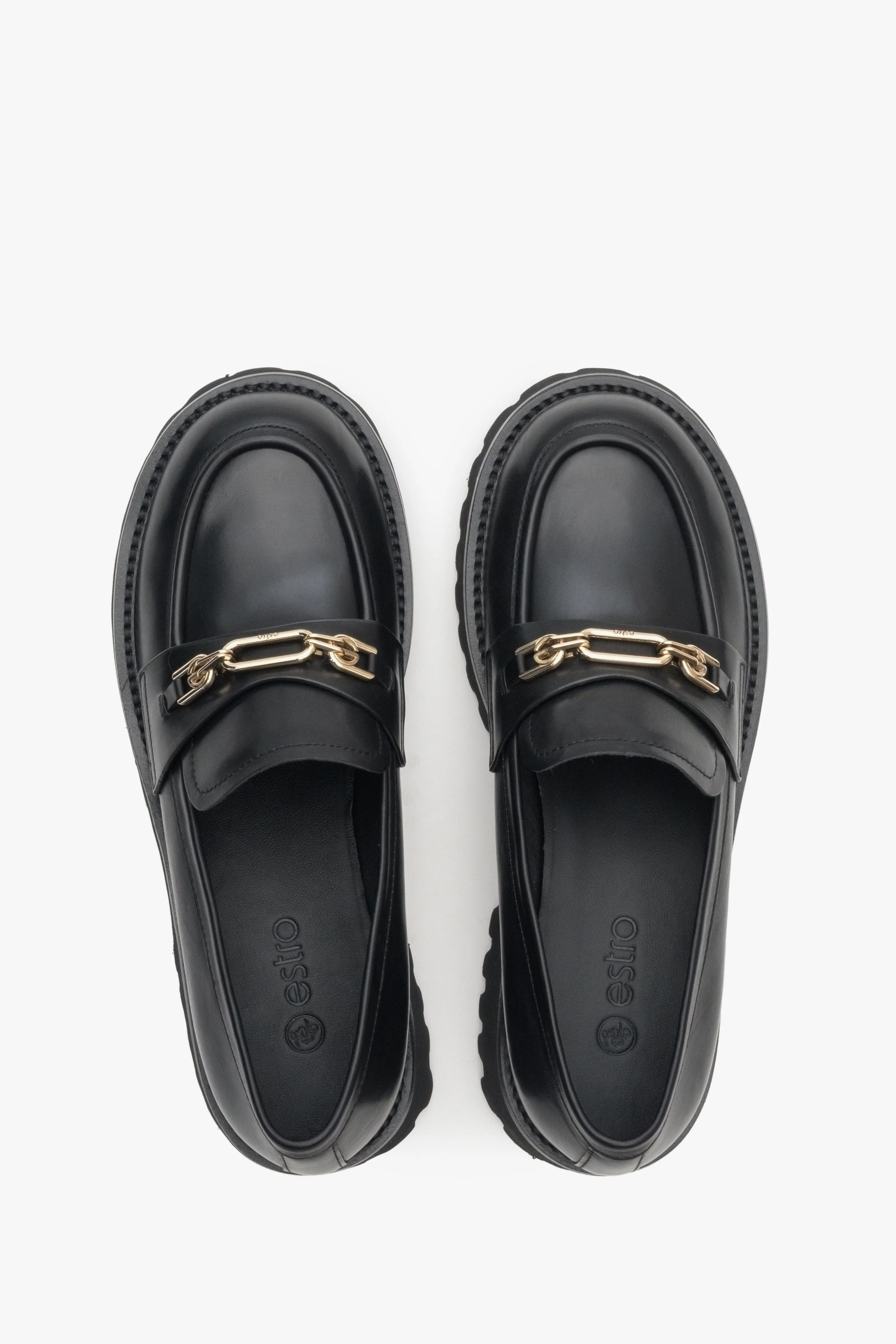 Czarne skórzane mokasyny damskie loafersy ze złotą sprzączką Estro ER00113583 - Image 4